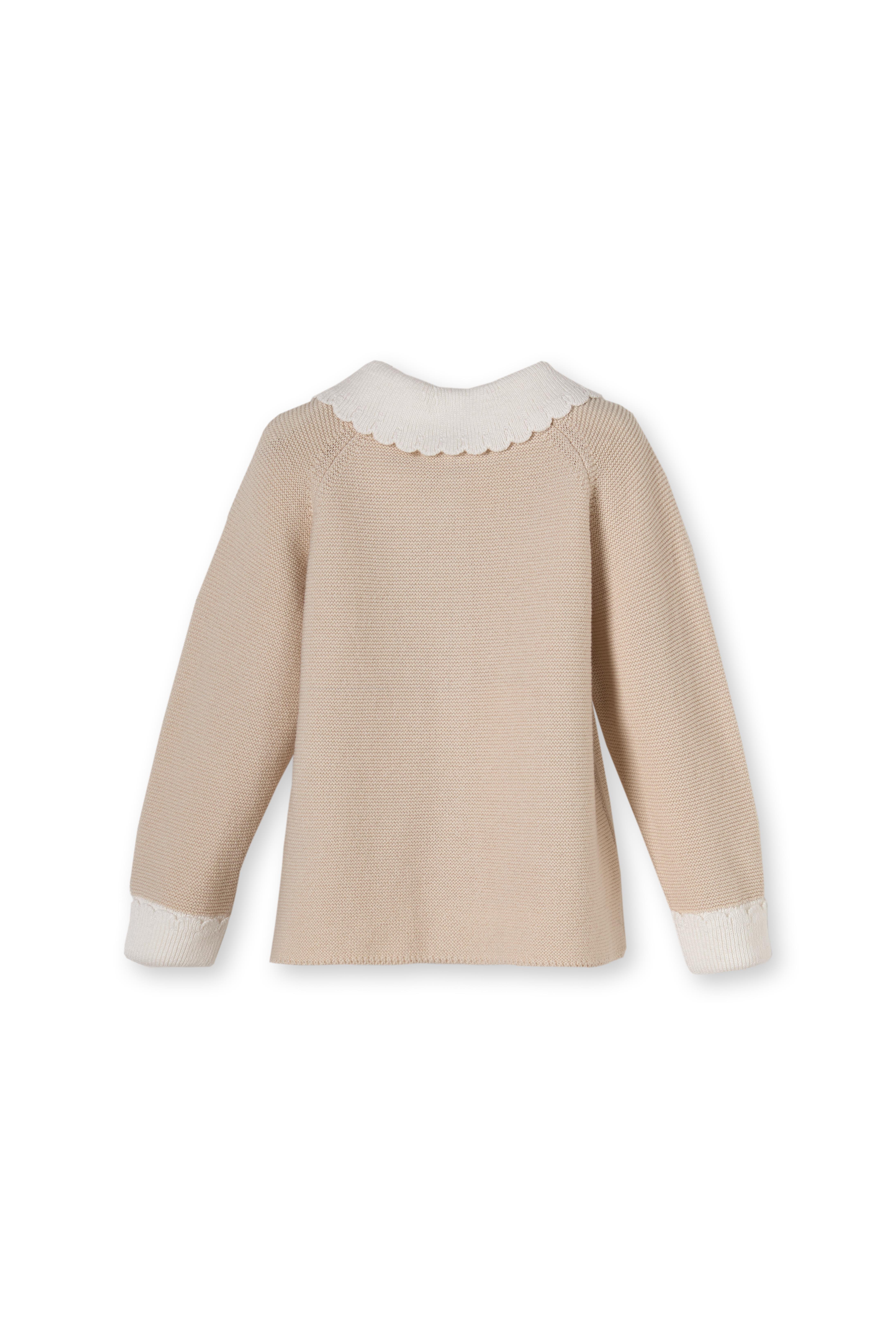 Bej Tavşan Nakışlı Düğmeli Organik Pamuk Triko Kız Bebek Hırka ve Pantolon Takım 