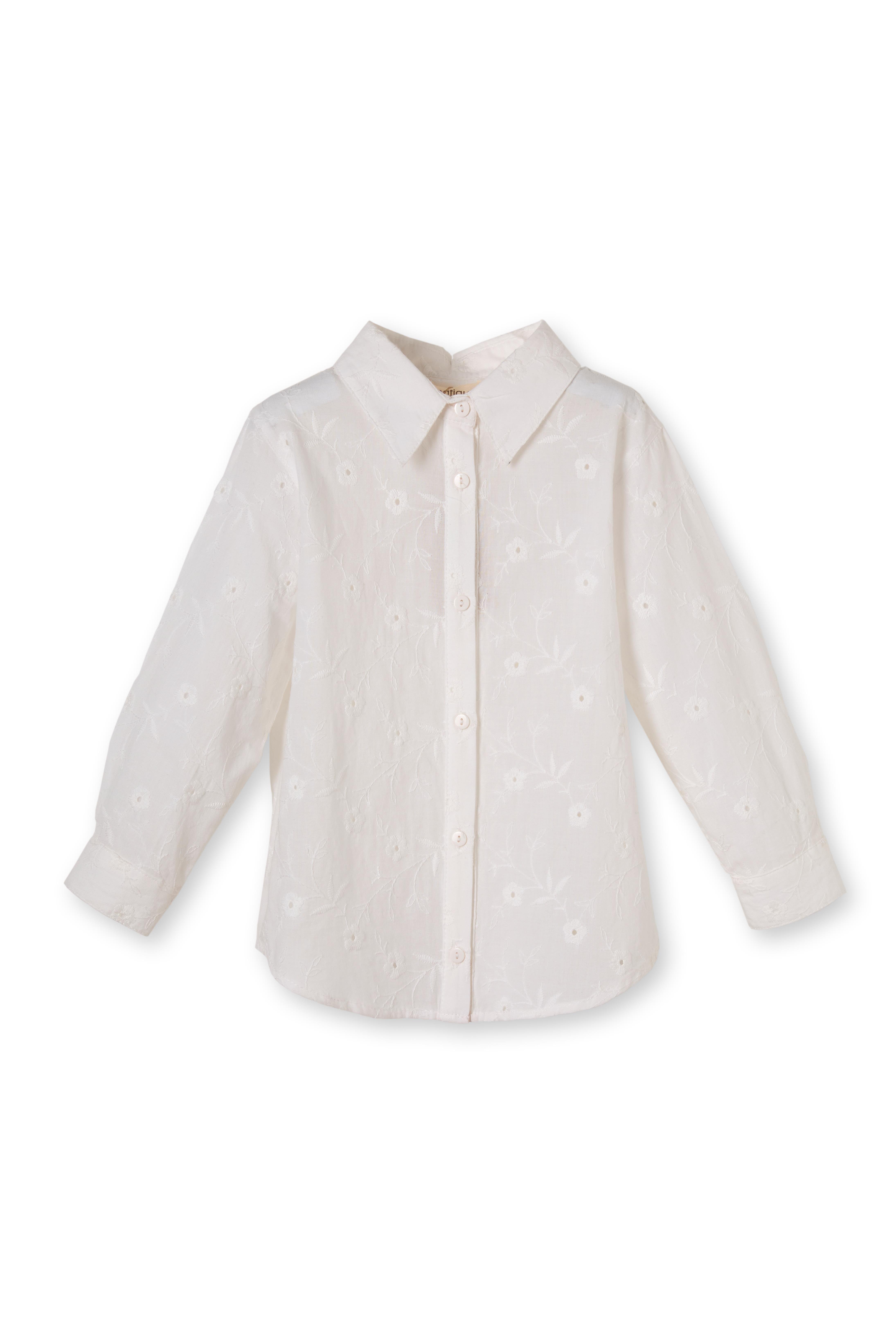 Beyaz Brode Desenli Pamuklu Kız Çocuk Gömlek