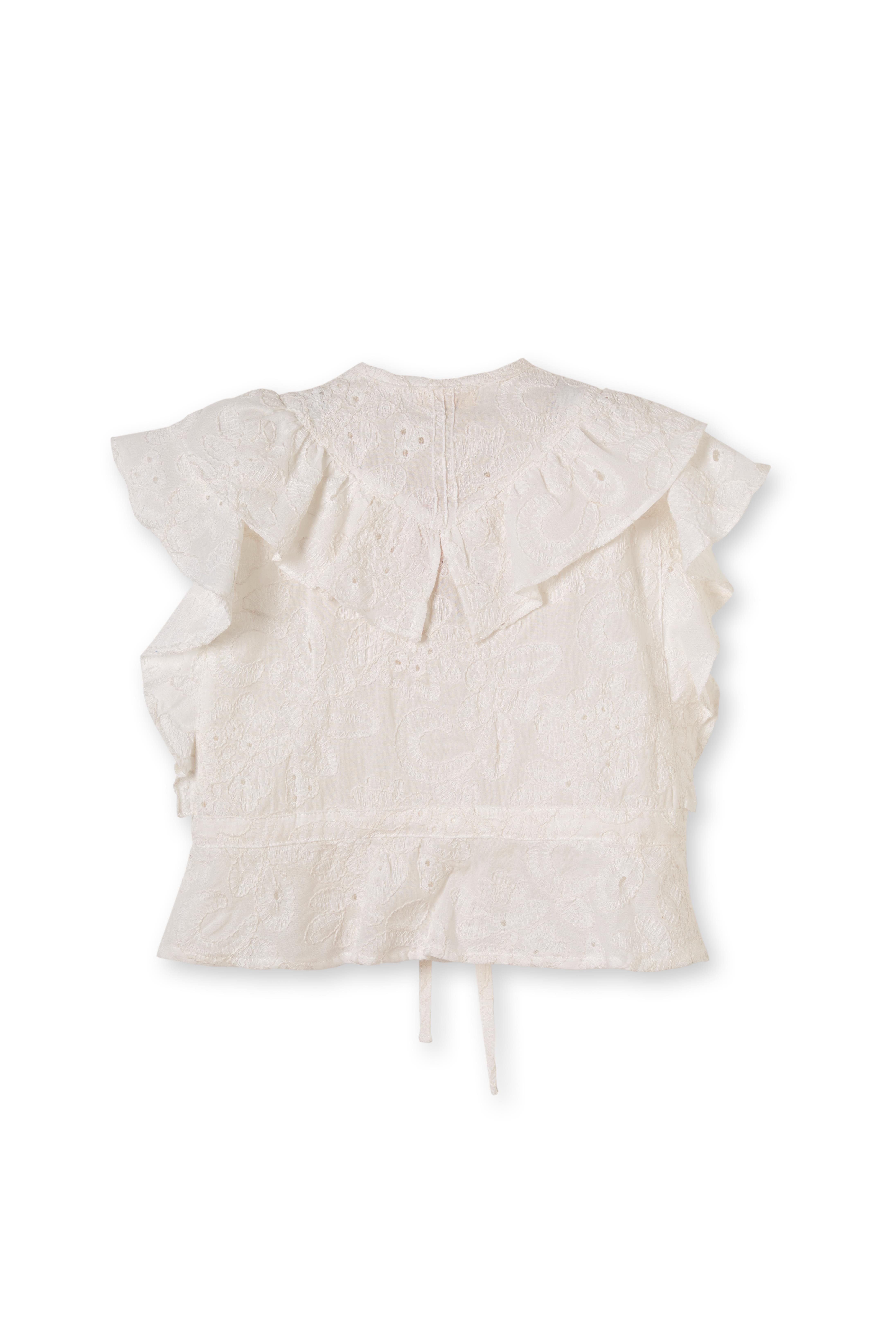 Beyaz Brode Çiçek Desenli Fırfırlı Pamuklu Kız Çocuk Gömlek