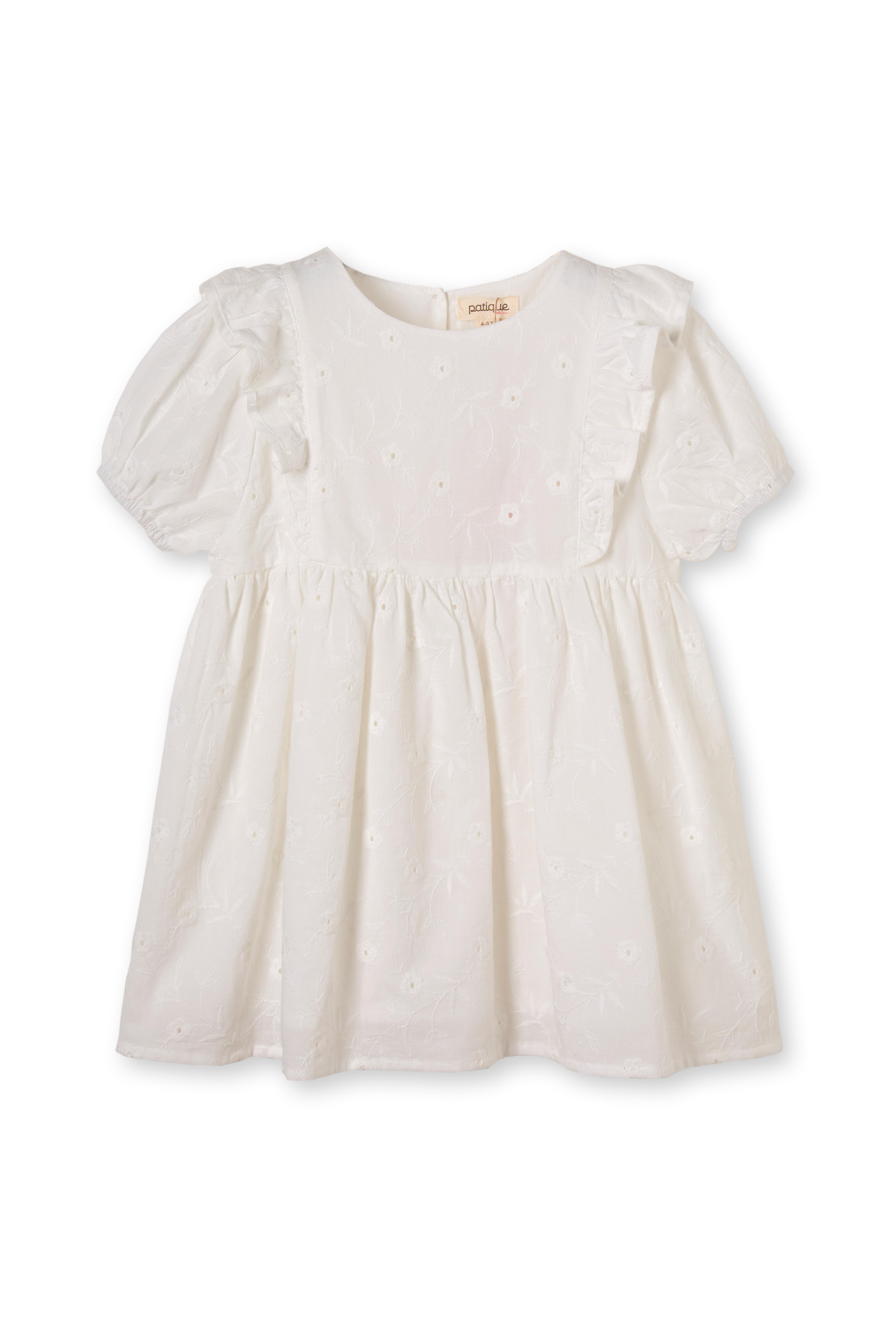 Beyaz Brode Çiçek Desenli Pamuklu Kız Çocuk Elbise