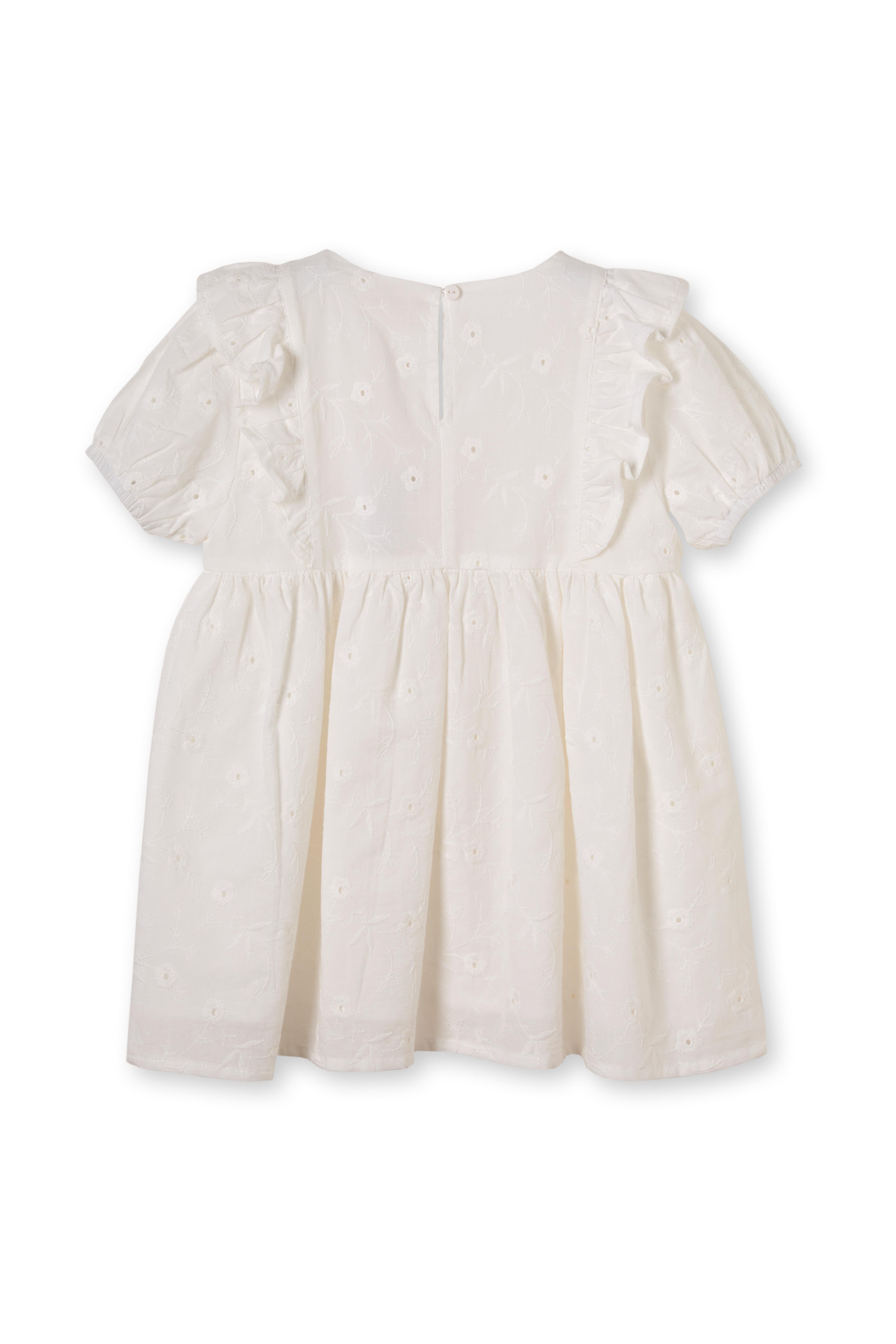 Beyaz Brode Çiçek Desenli Pamuklu Kız Çocuk Elbise