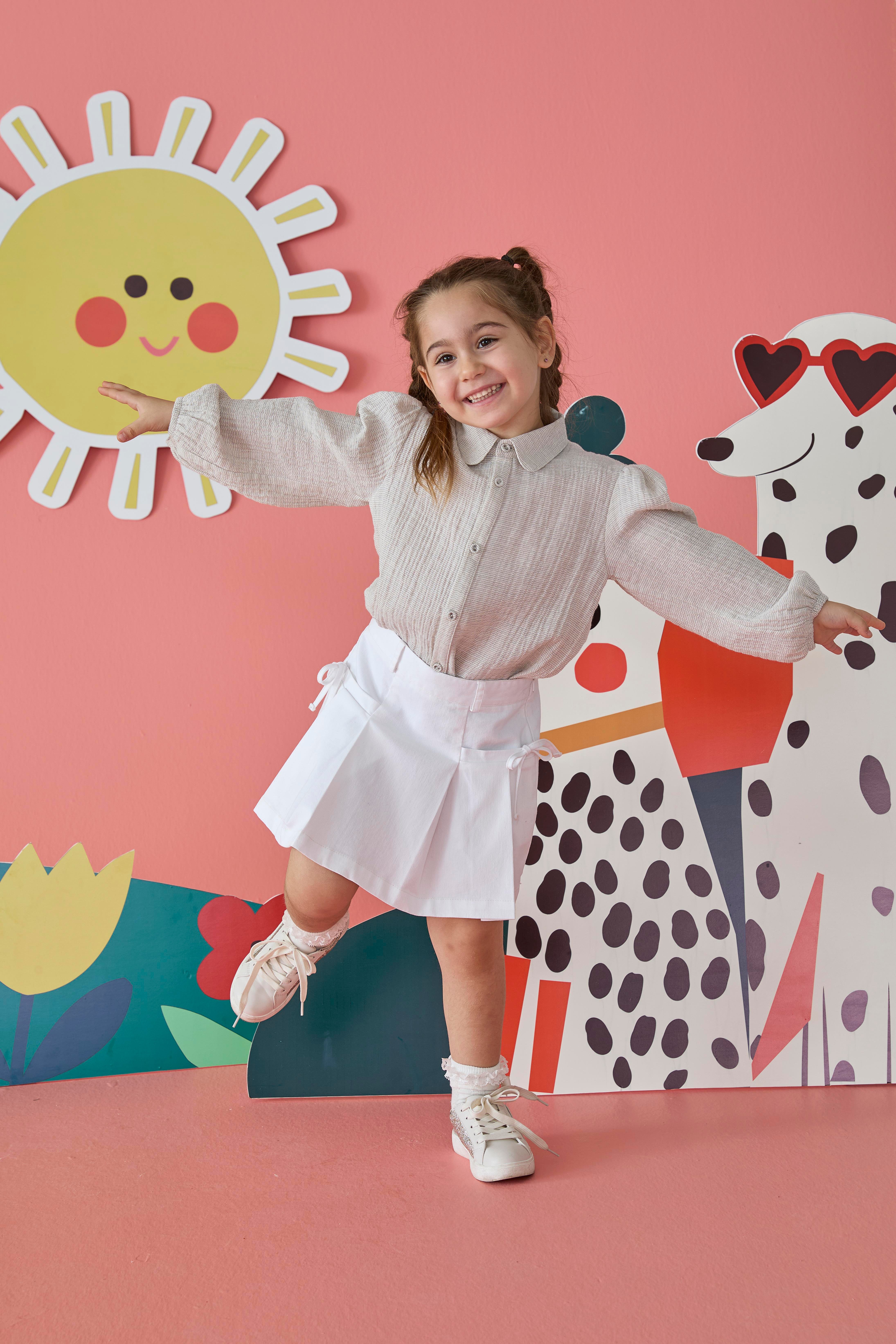 Beyaz Denim Fermuarlı Pamuklu Kız Çocuk Etek