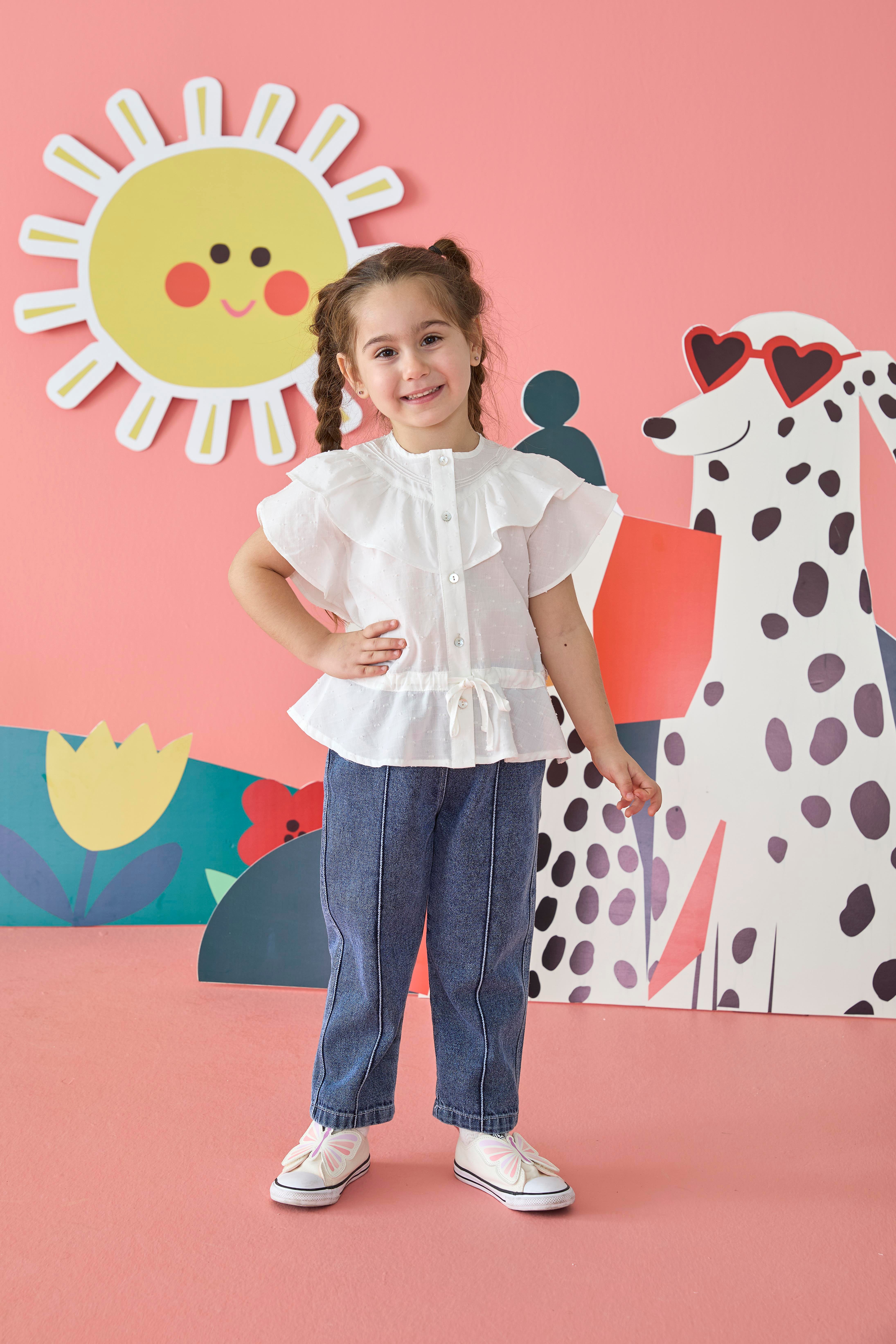 Beyaz Fırfırlı Doğal Pamuk Kız Çocuk Gömlek