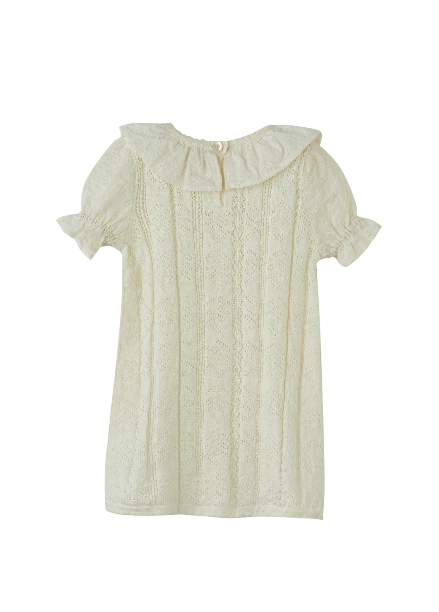 Ekru Brode Yakalı Triko Elbise