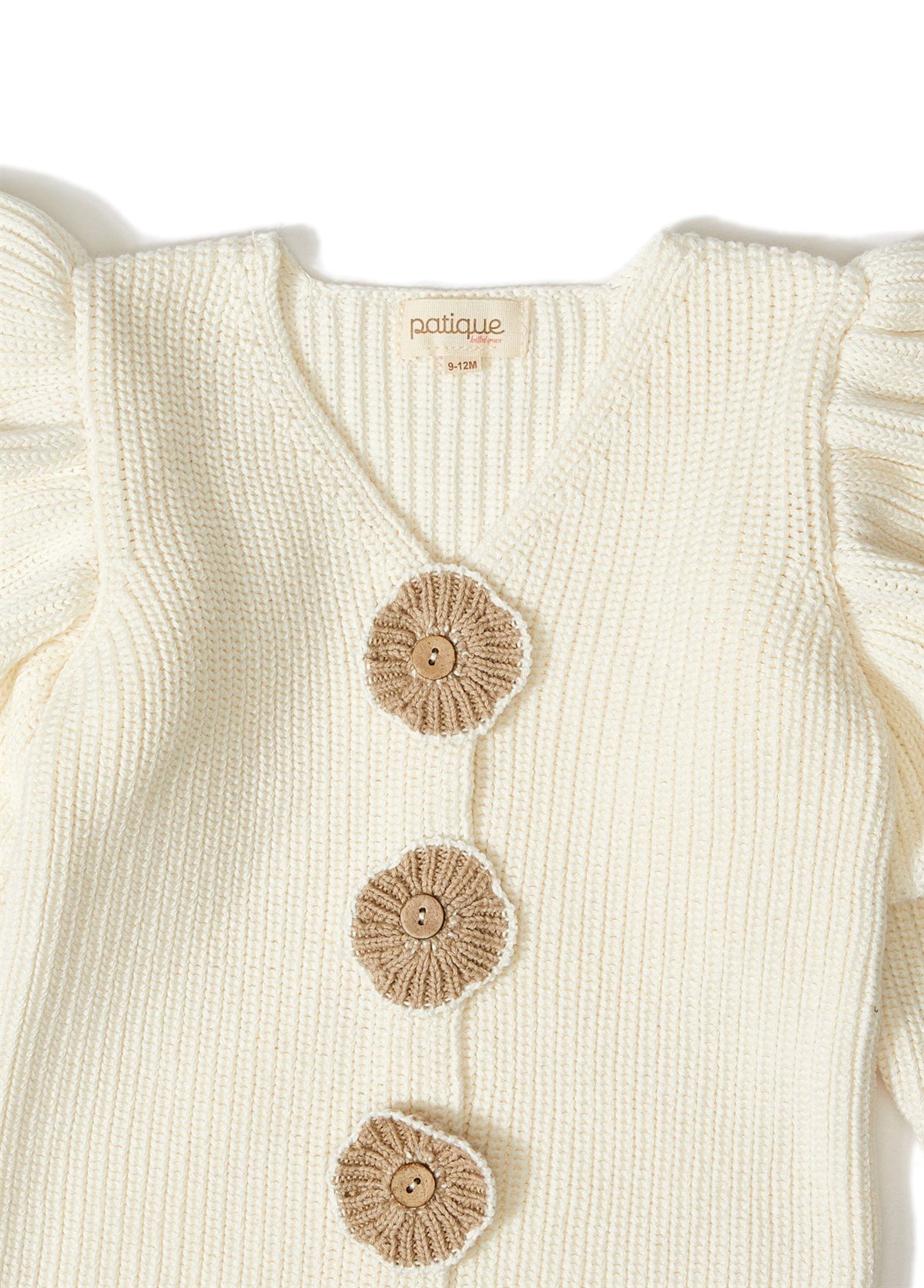 Ekru Çiçek Düğmeli Organik Pamuk Triko Kız Bebek Hırka
