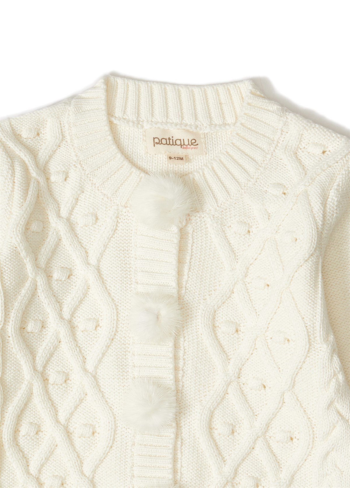 Ekru Ponpon Düğmeli Organik Pamuklu Kız Bebek Triko Hırka