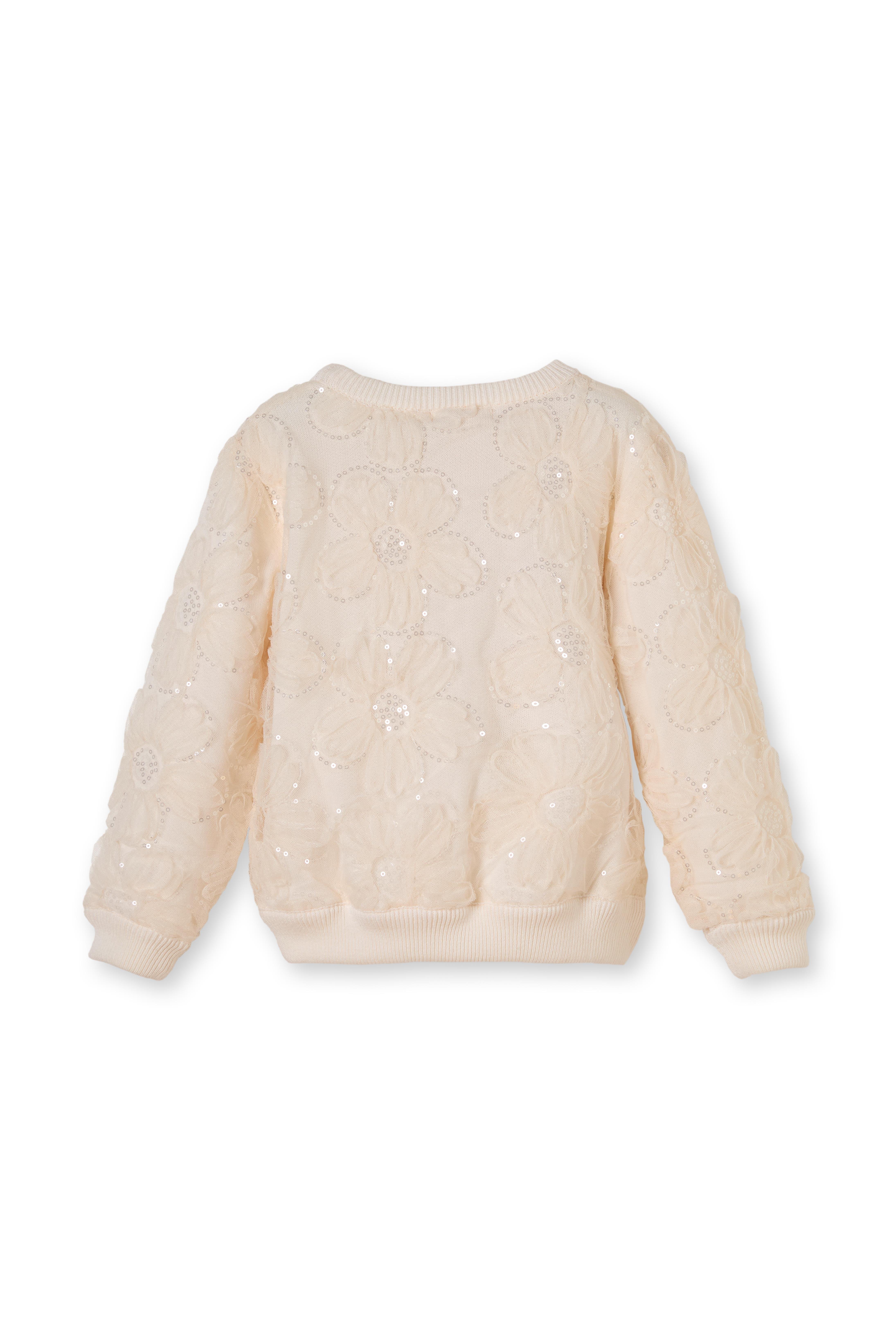 Ekru Payetli Organik Pamuk Çiçekli Triko Kız Çocuk Kazak