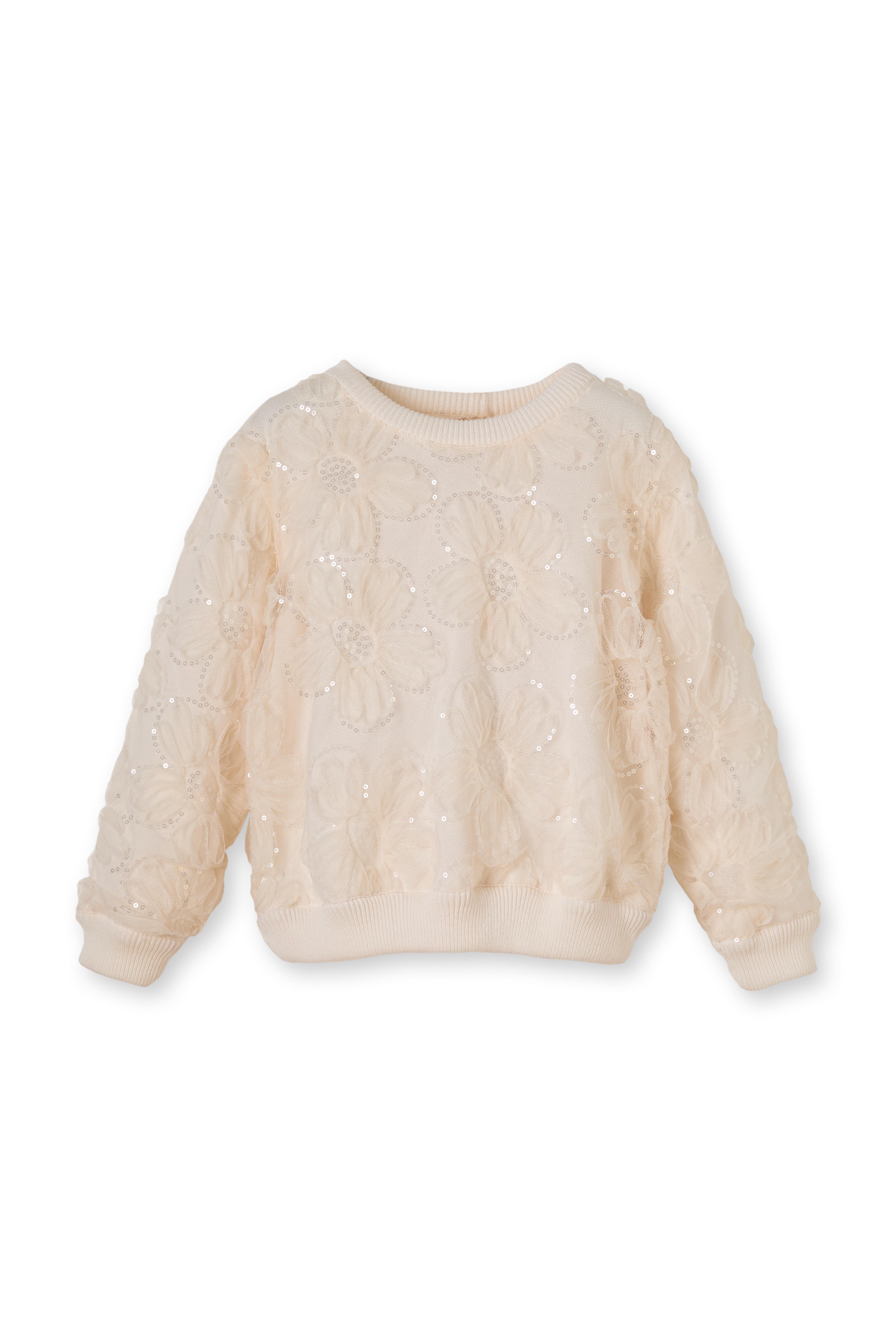 Ekru Payetli Organik Pamuk Çiçekli Triko Kız Çocuk Kazak