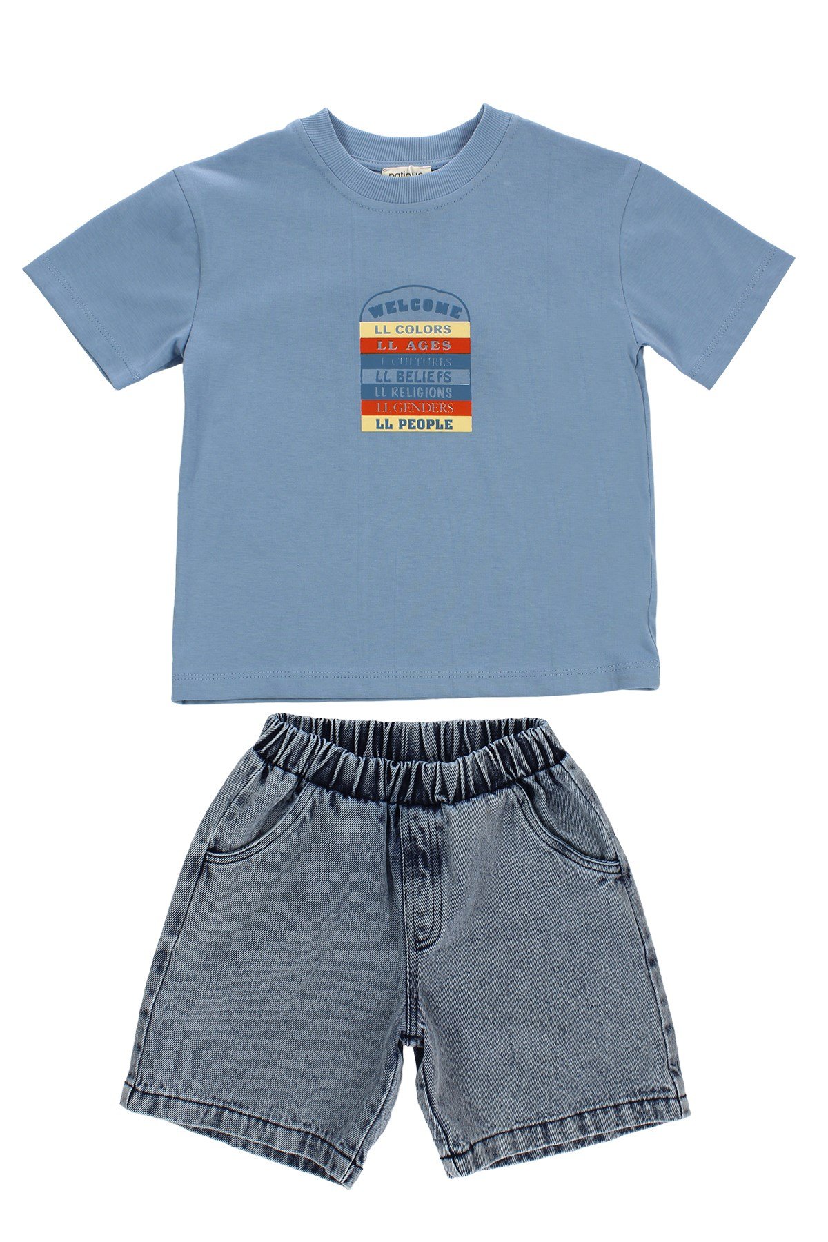 ERKEK ÇOCUK MAVİ BASKILI TİŞÖRT DENIM ŞORT TAKIM