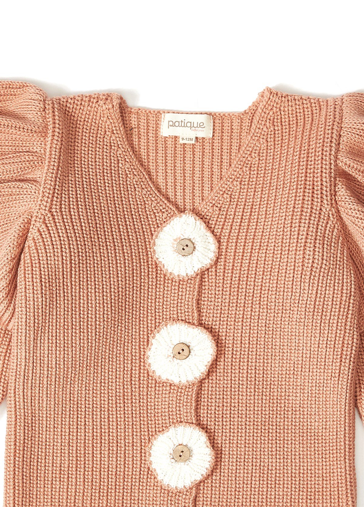 Gül Kurusu Çiçek Düğmeli Organik Pamuk Triko Kız Bebek Hırka