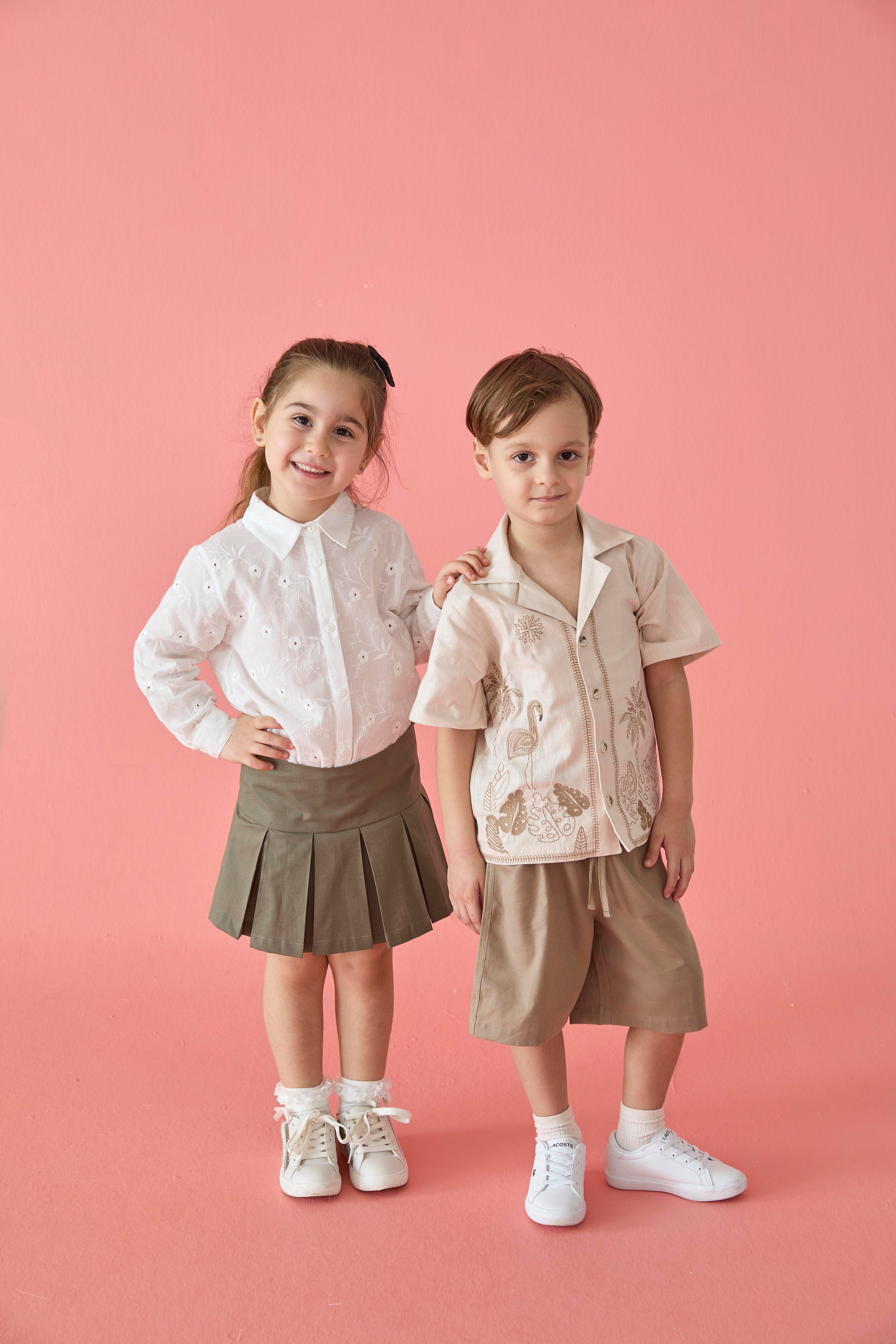 Haki Pileli Fermuarlı Dokuma Pamuklu Kız Çocuk Etek