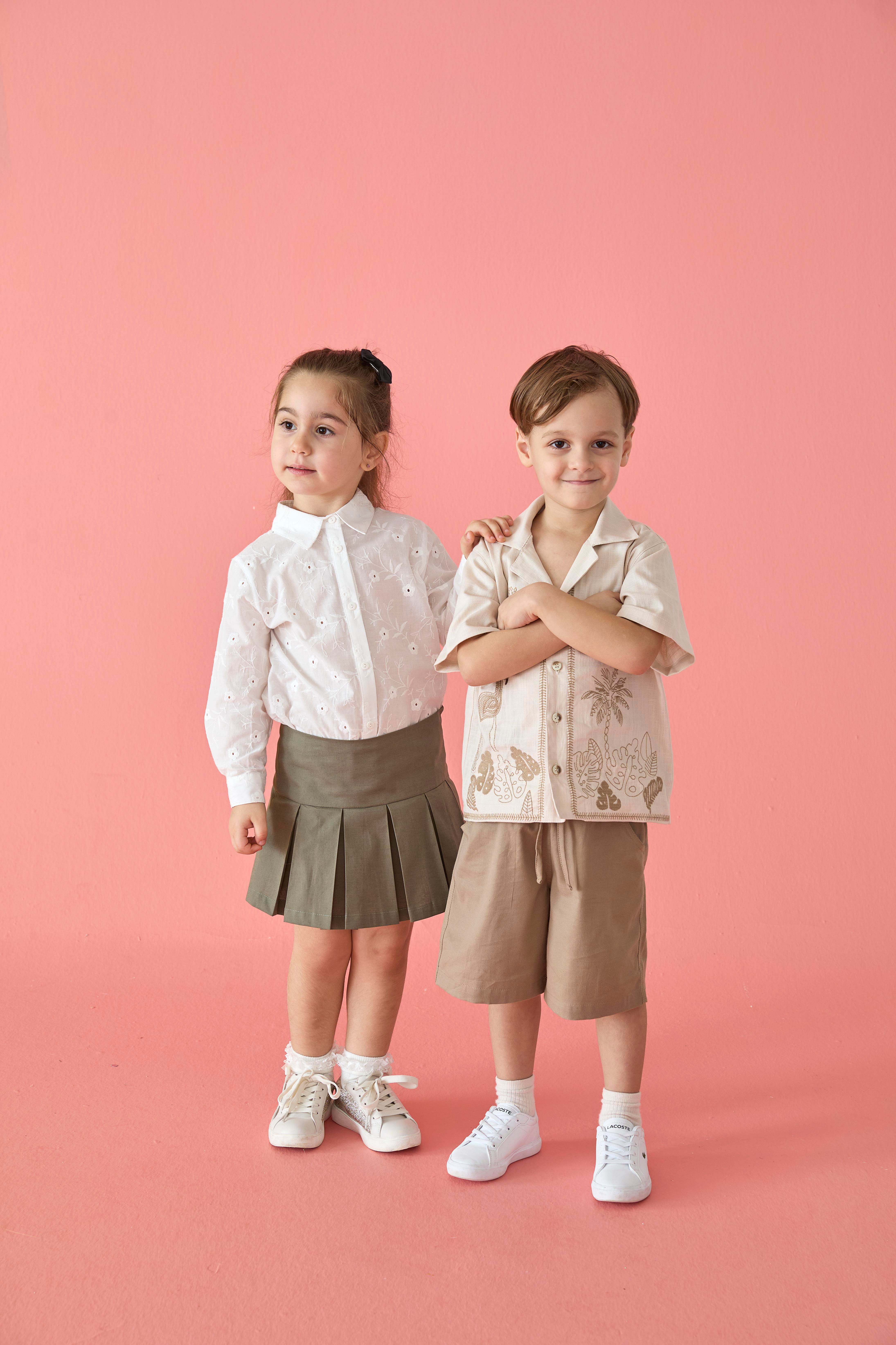 Haki Pileli Fermuarlı Dokuma Pamuklu Kız Çocuk Etek