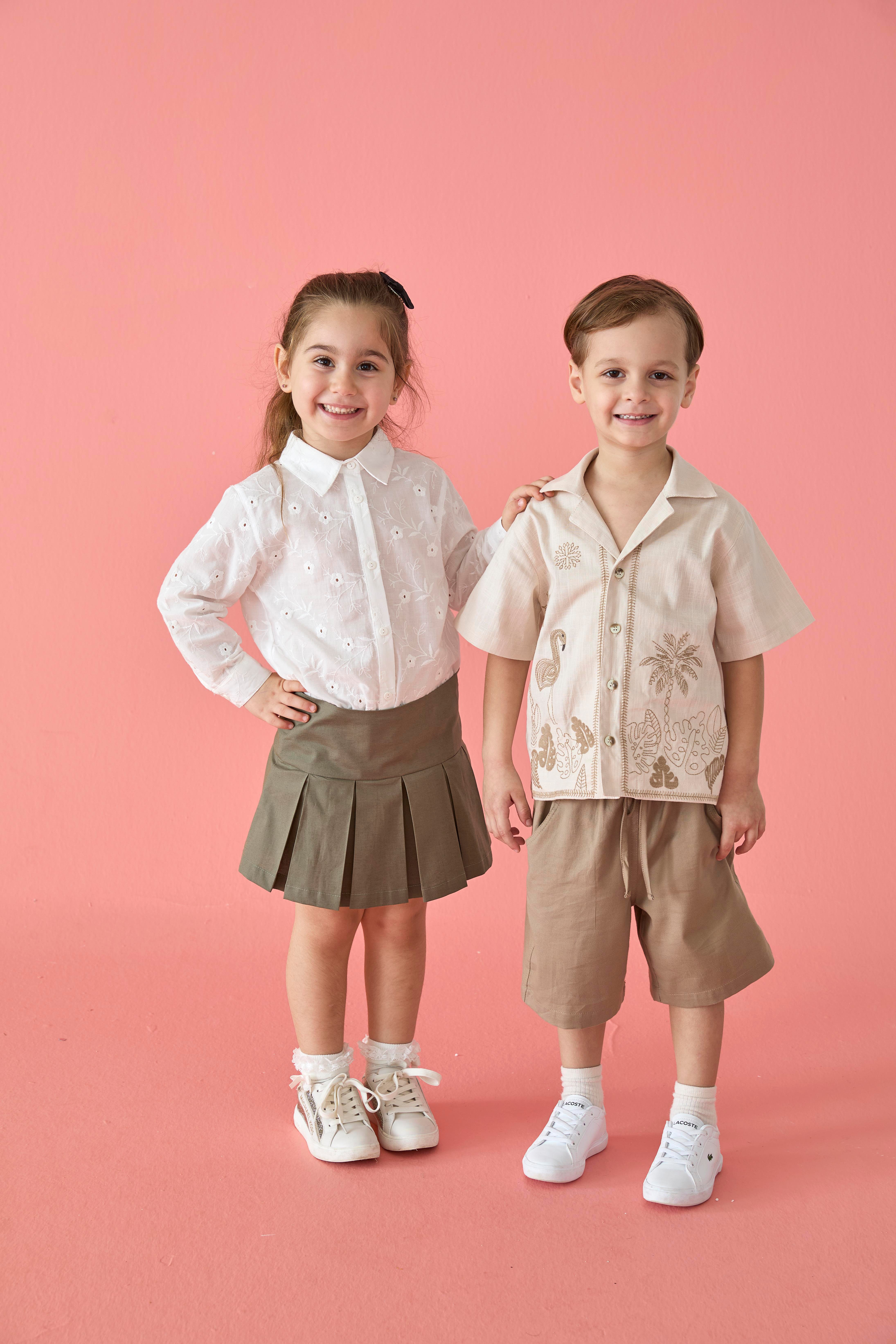 Haki Pileli Fermuarlı Dokuma Pamuklu Kız Çocuk Etek