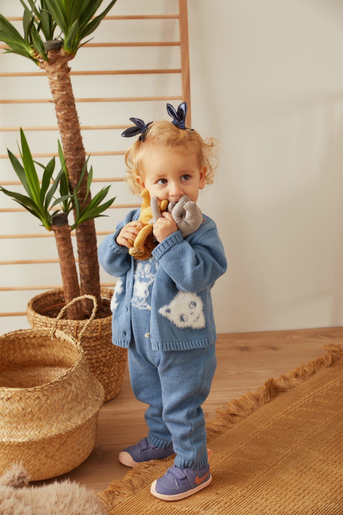 İndigo Kedi Desenli Triko Organik Pamuk Unisex Çocuk İkili Takım