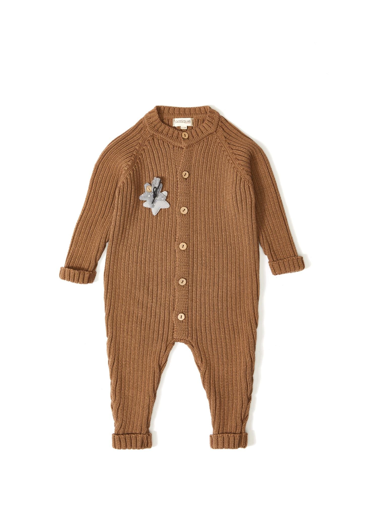 Brown Organic Cotton Long Sleeve Romper with Button