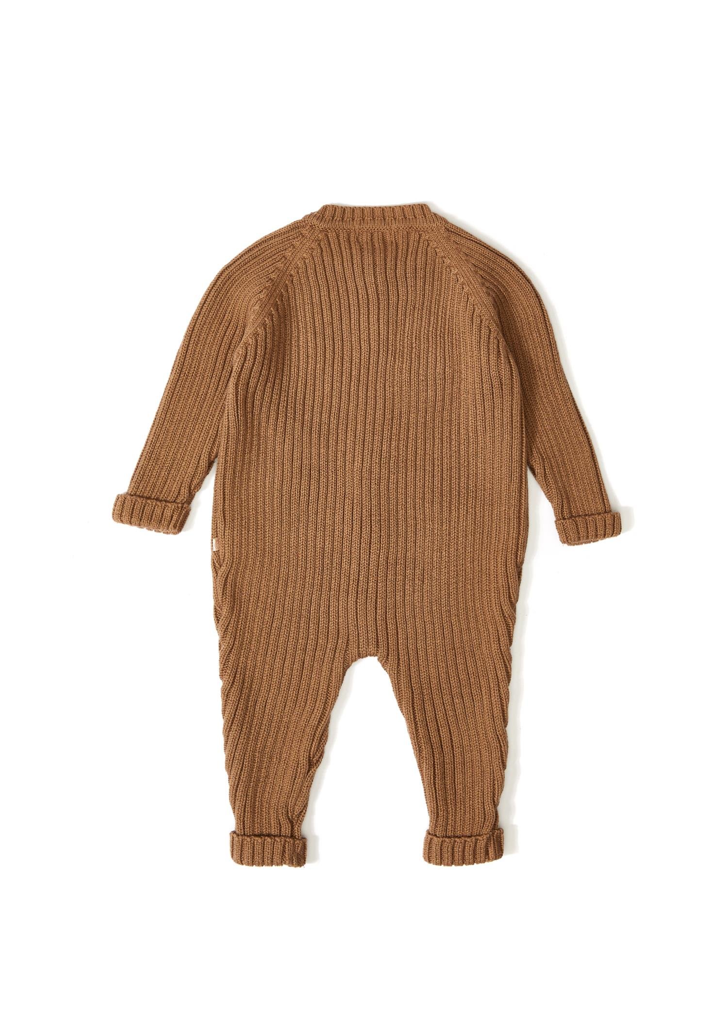 Brown Organic Cotton Long Sleeve Romper with Button
