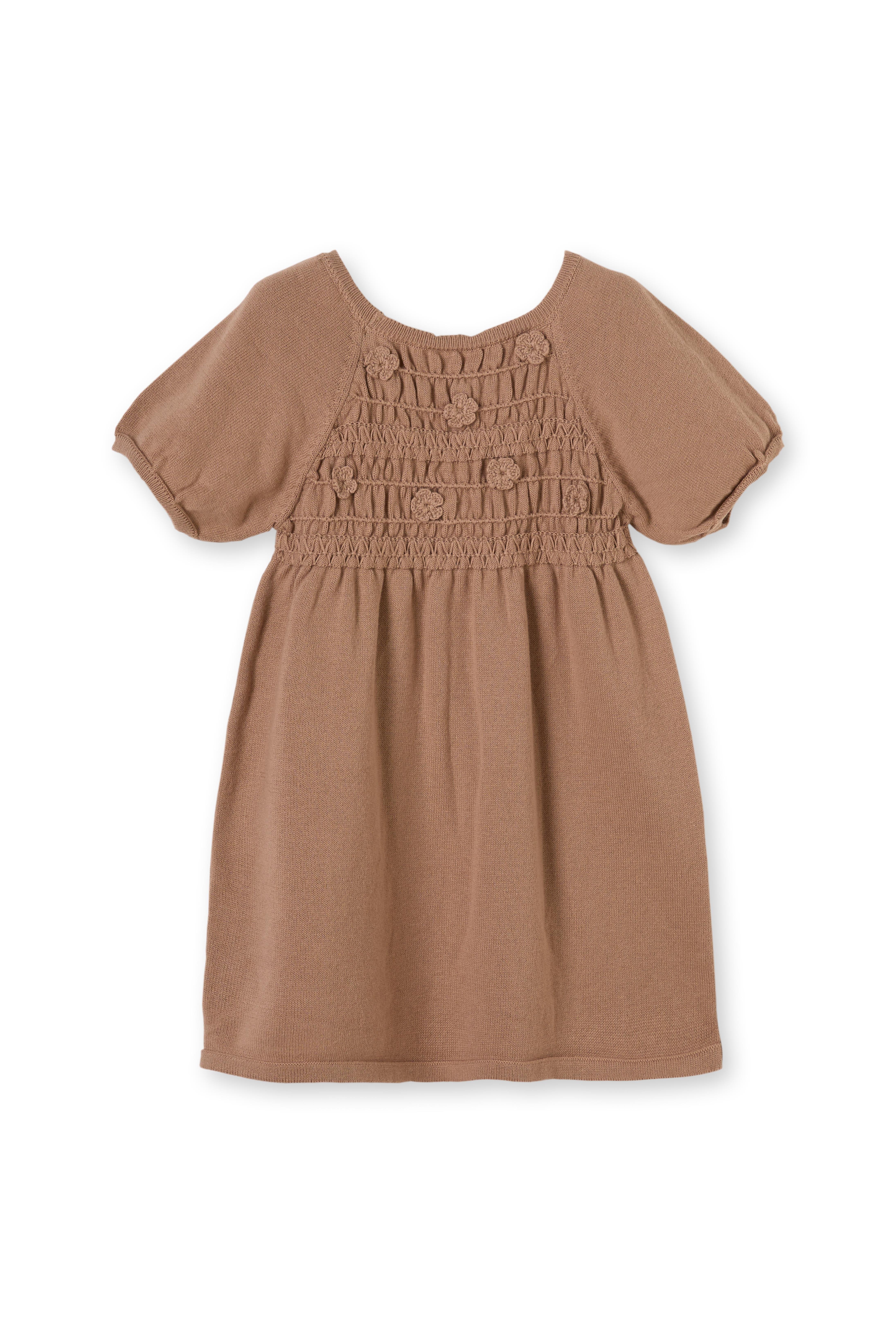 Kahverengi Çiçek Detaylı Gipeli Organik Pamuk Triko Kız Çocuk Elbise