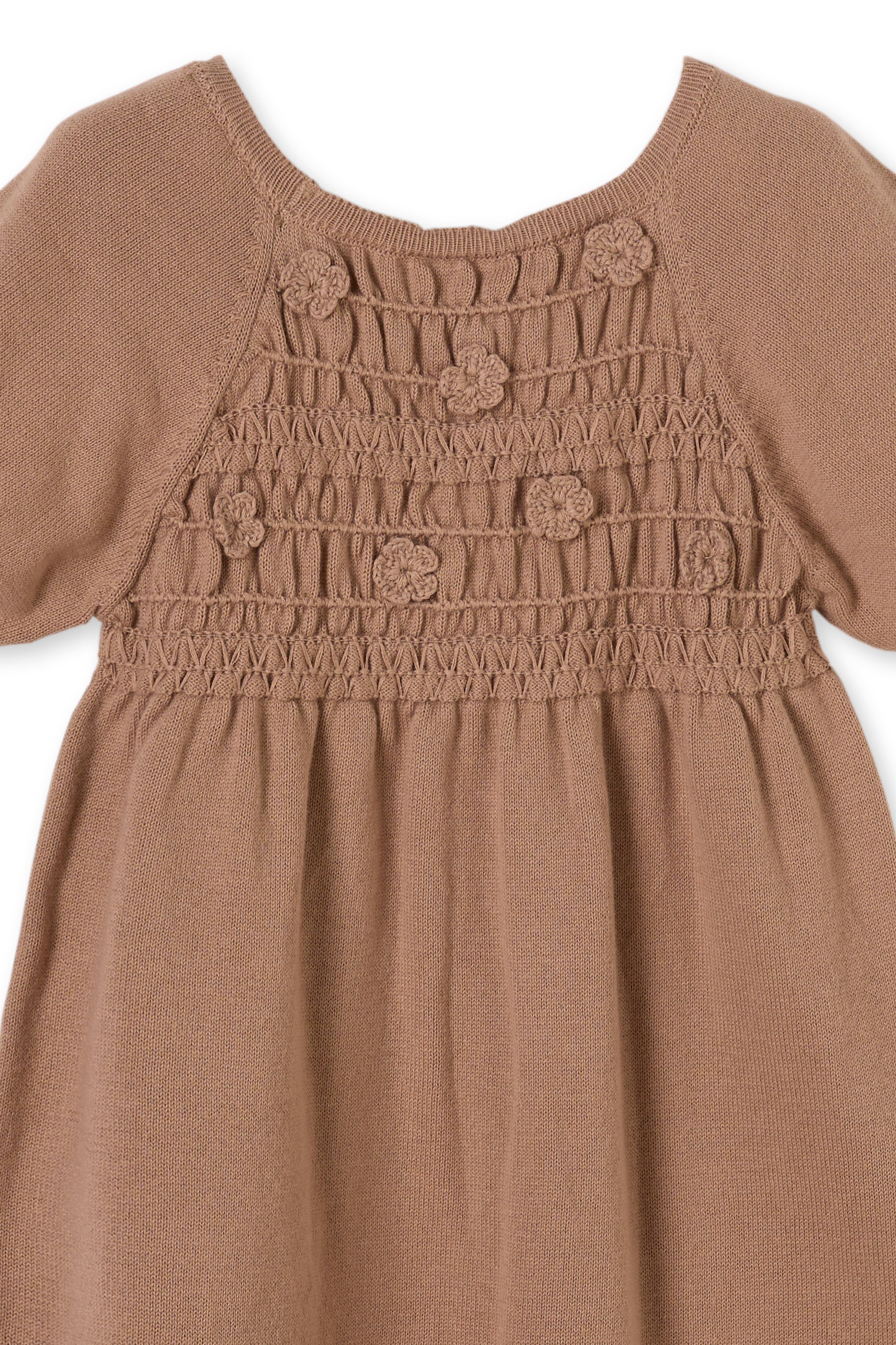 Kahverengi Çiçek Detaylı Gipeli Organik Pamuk Triko Kız Çocuk Elbise