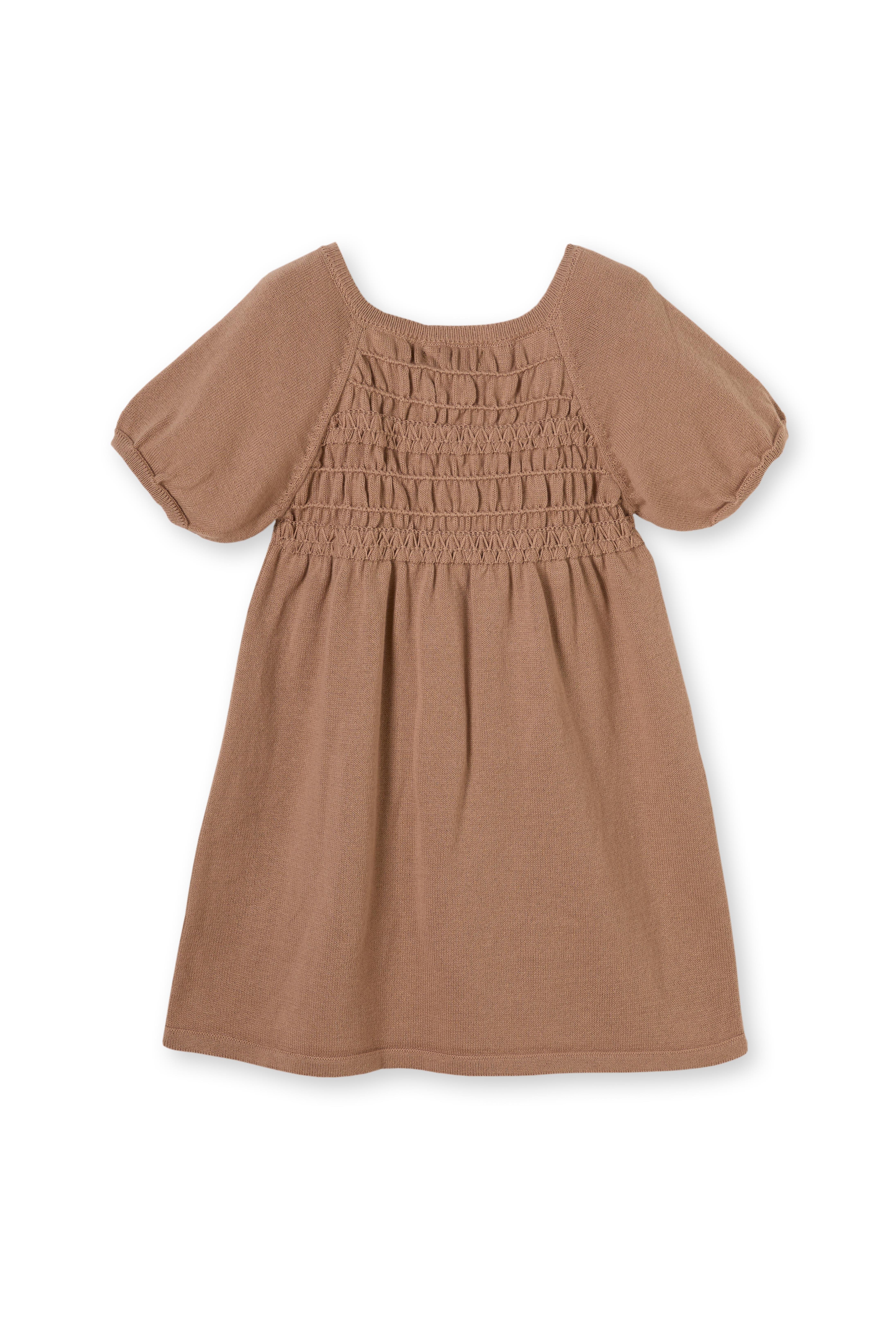 Kahverengi Çiçek Detaylı Gipeli Organik Pamuk Triko Kız Çocuk Elbise