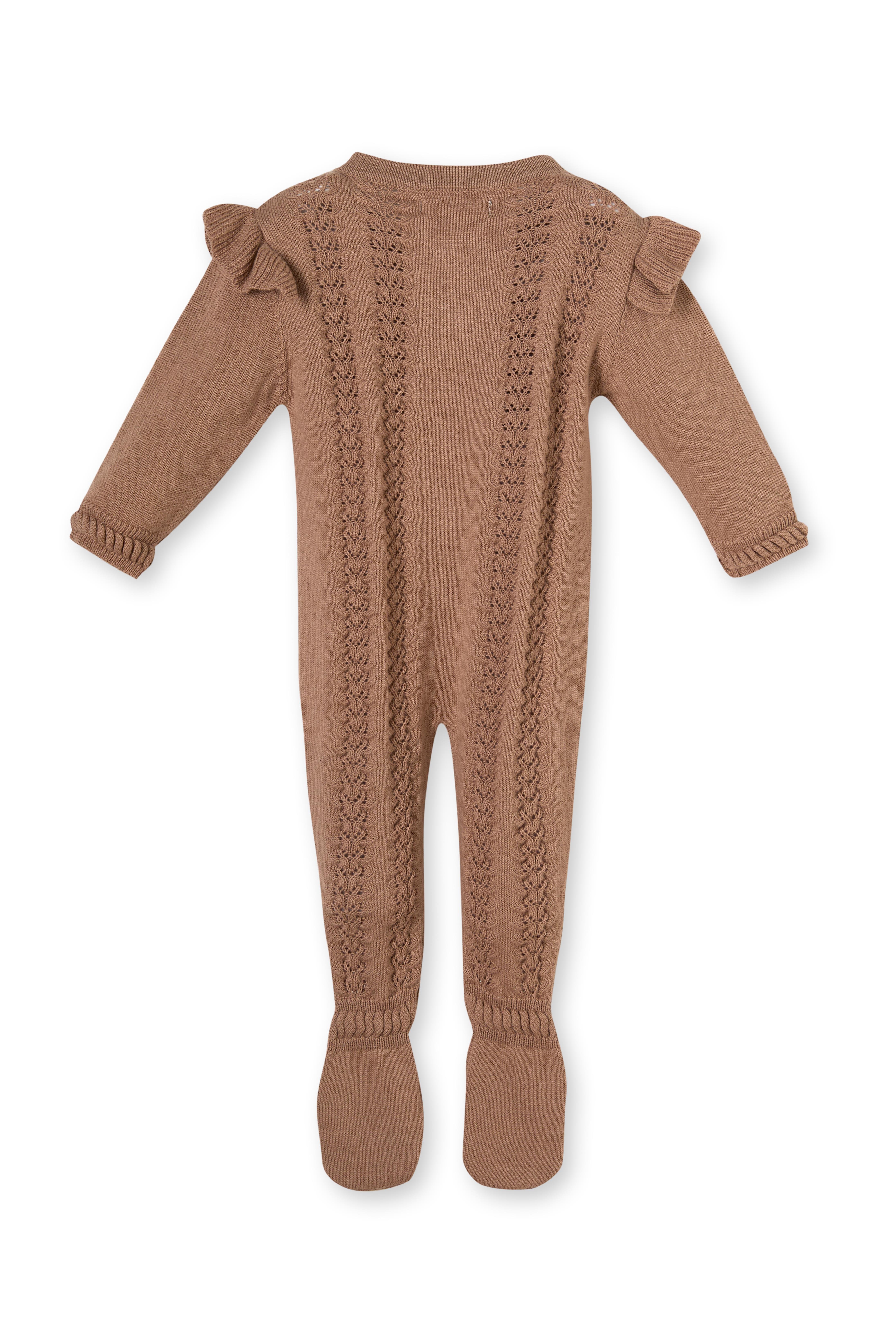 Kahverengi Kolları Fırfırlı Triko Organik Pamuk Kız Çocuk Tulum Takımı