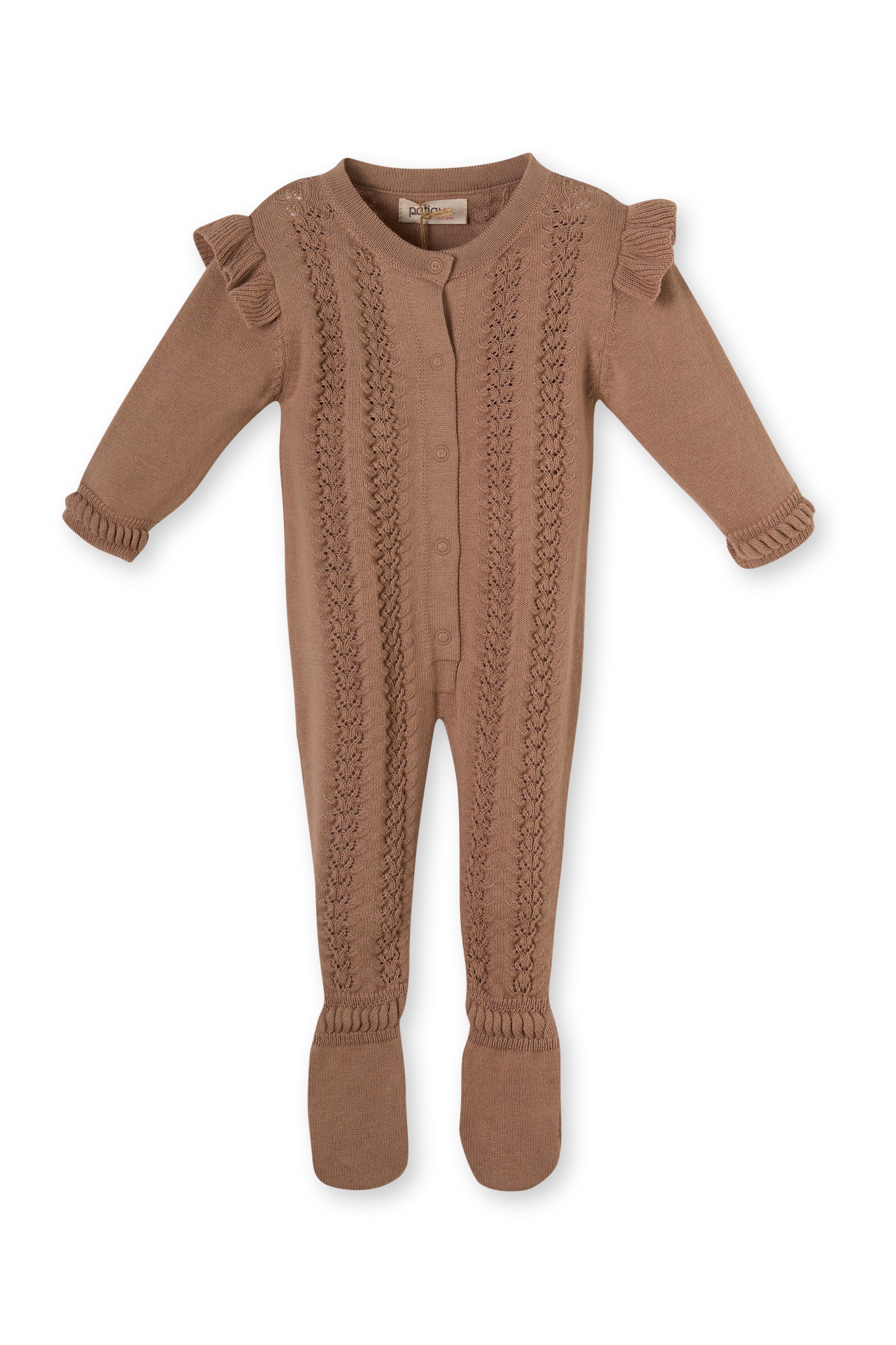 Kahverengi Kolları Fırfırlı Triko Organik Pamuk Kız Çocuk Tulum Takımı