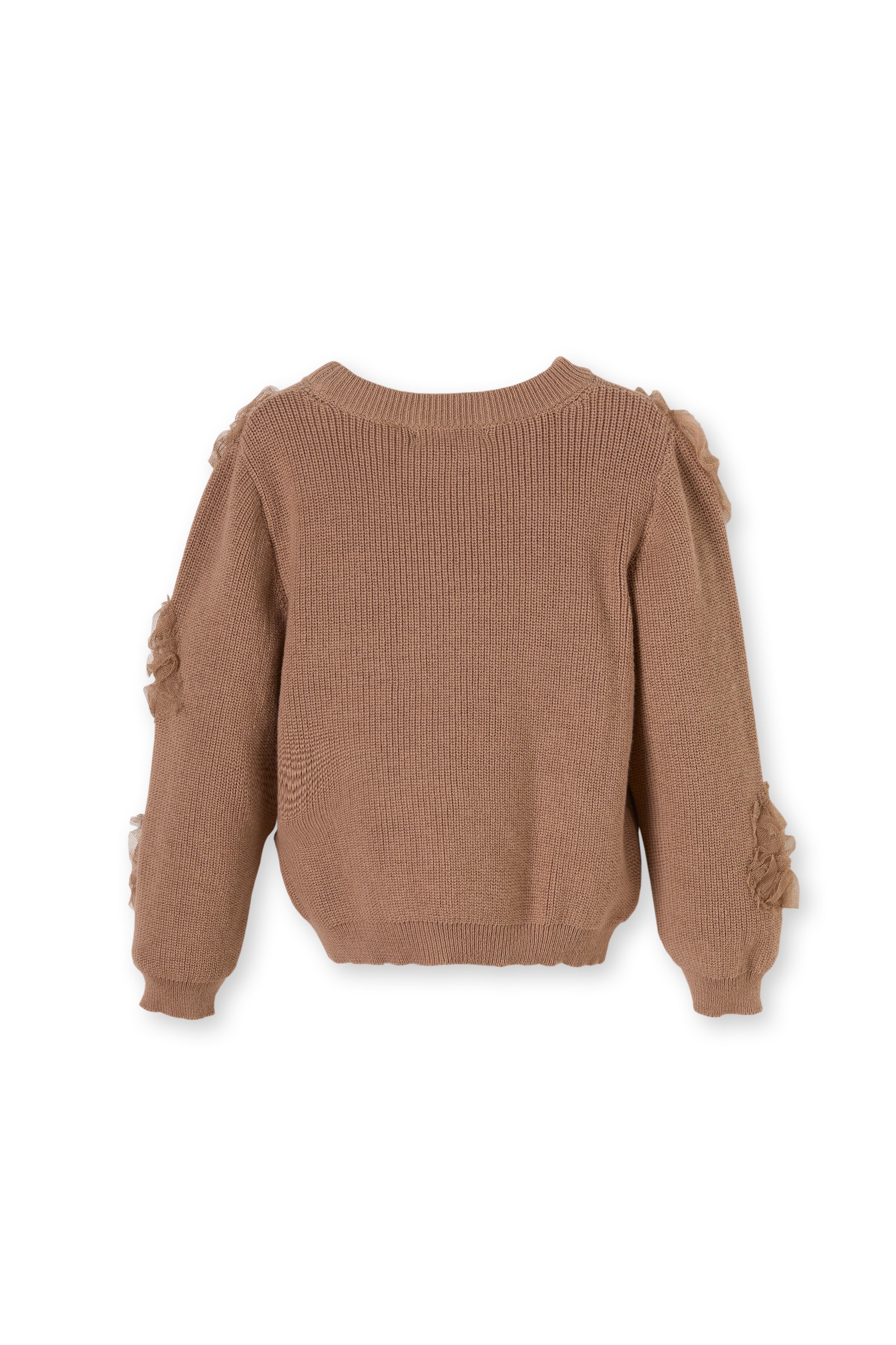 Kahverengi Organik Pamuk Çiçek Detaylı Triko Kız Çocuk Kazak