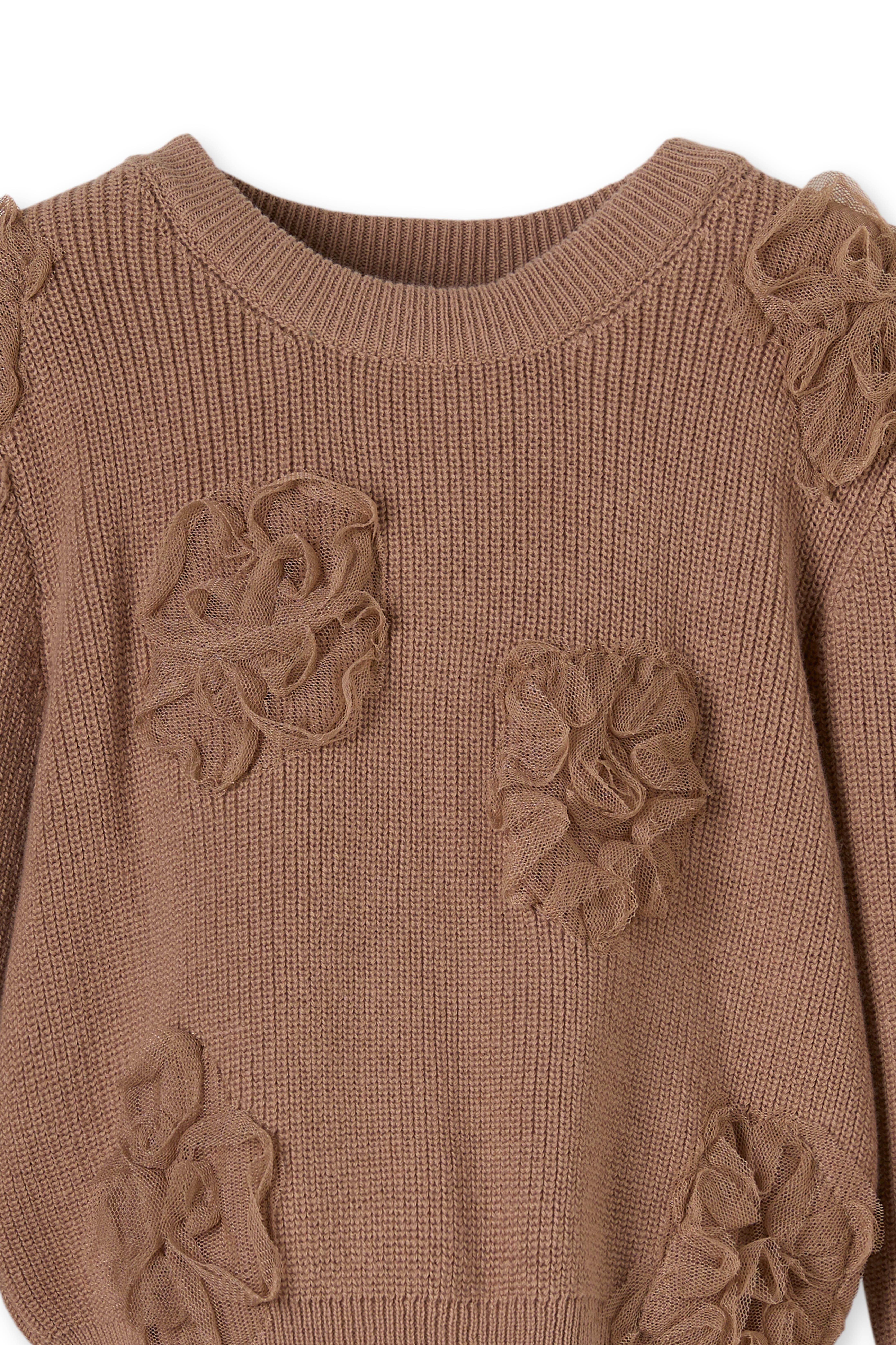 Kahverengi Organik Pamuk Çiçek Detaylı Triko Kız Çocuk Kazak