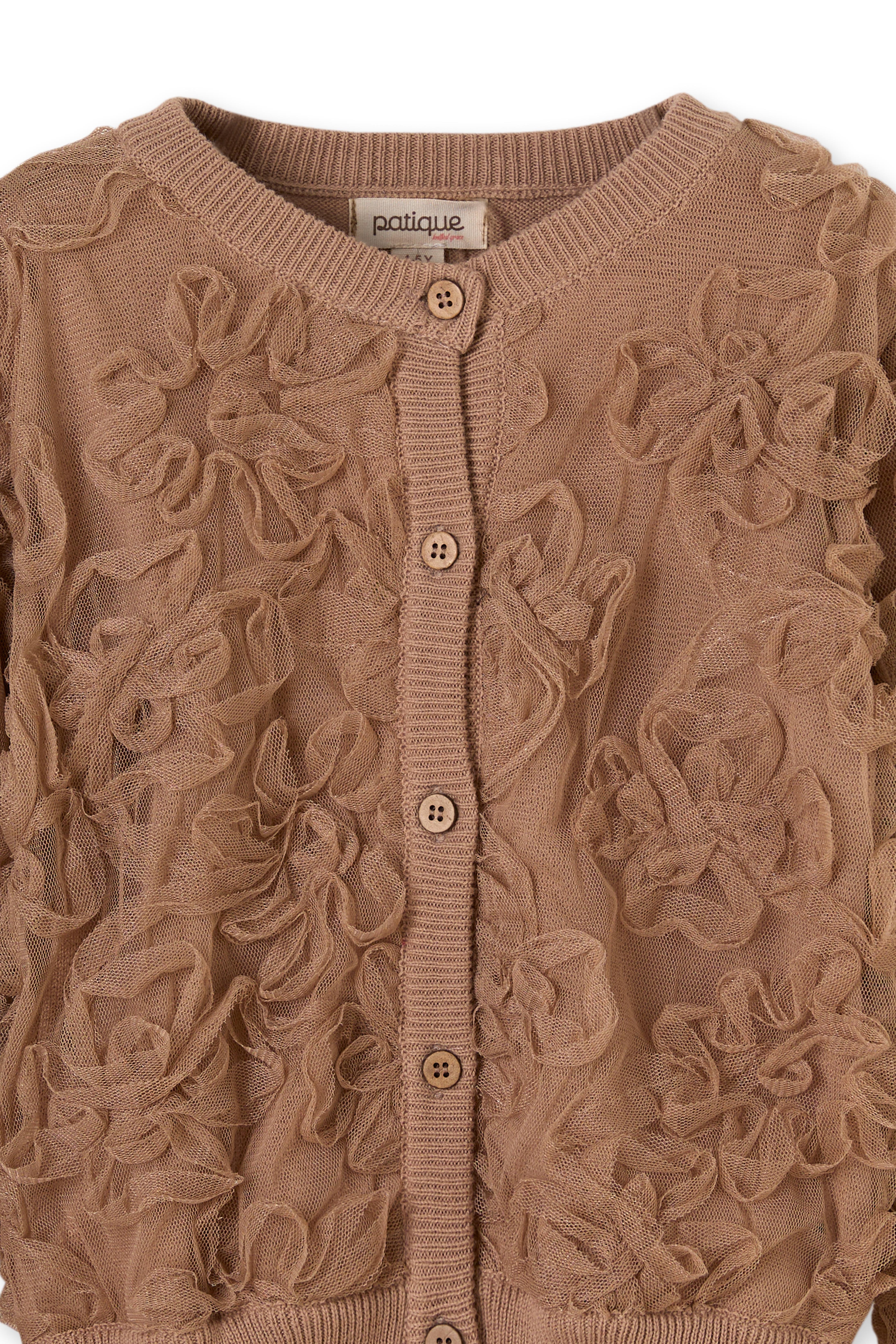 Kahverengi Organik Pamuk Garnili Çiçek Detaylı Triko Kız Çocuk Hırka