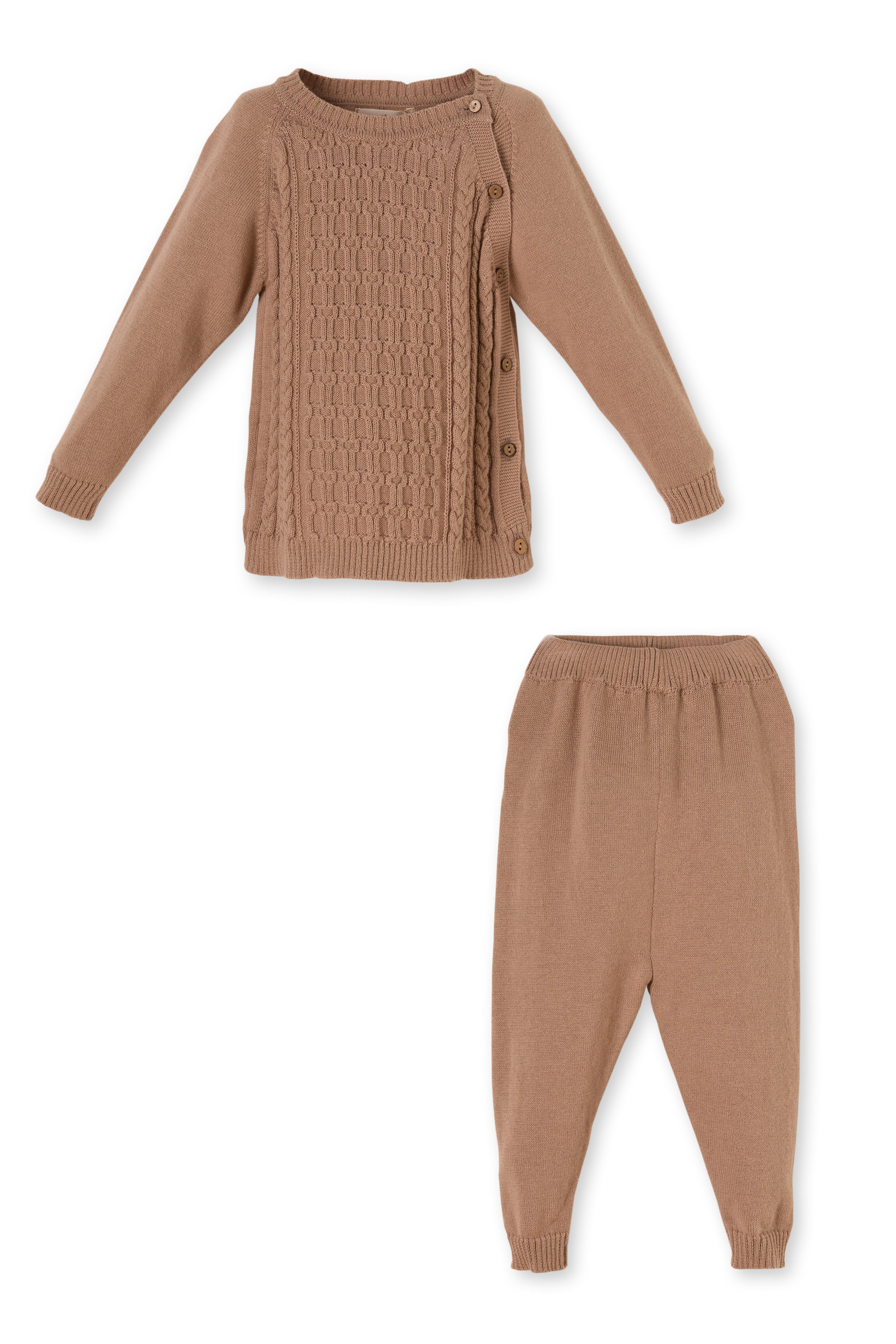 Kahverengi Organik Pamuklu Örgü Desenli İkili Triko Erkek Çocuk Takımı