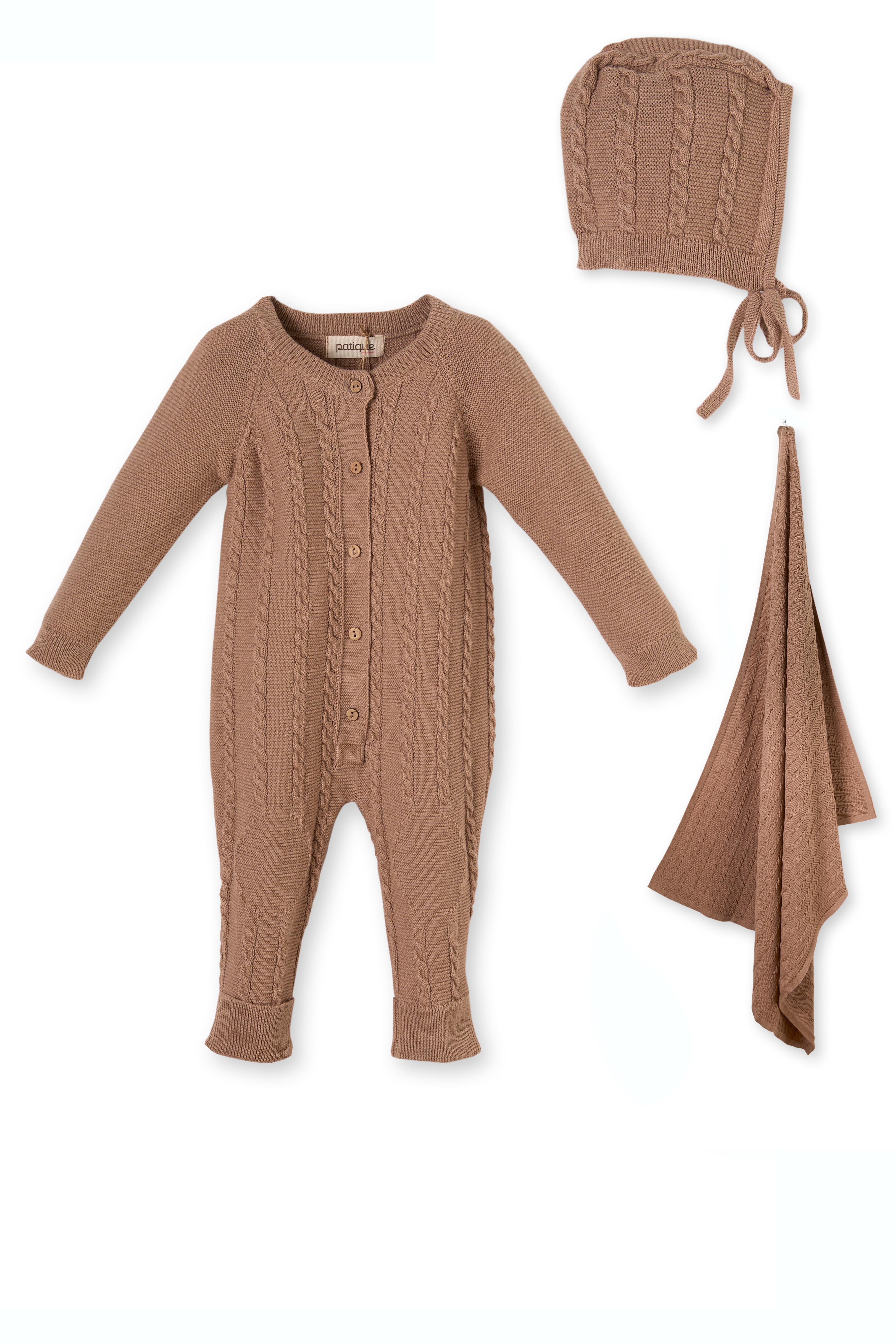 Kahverengi Örgü Triko Organik Pamuk Yenidoğan Erkek Bebek Tulum Takımı