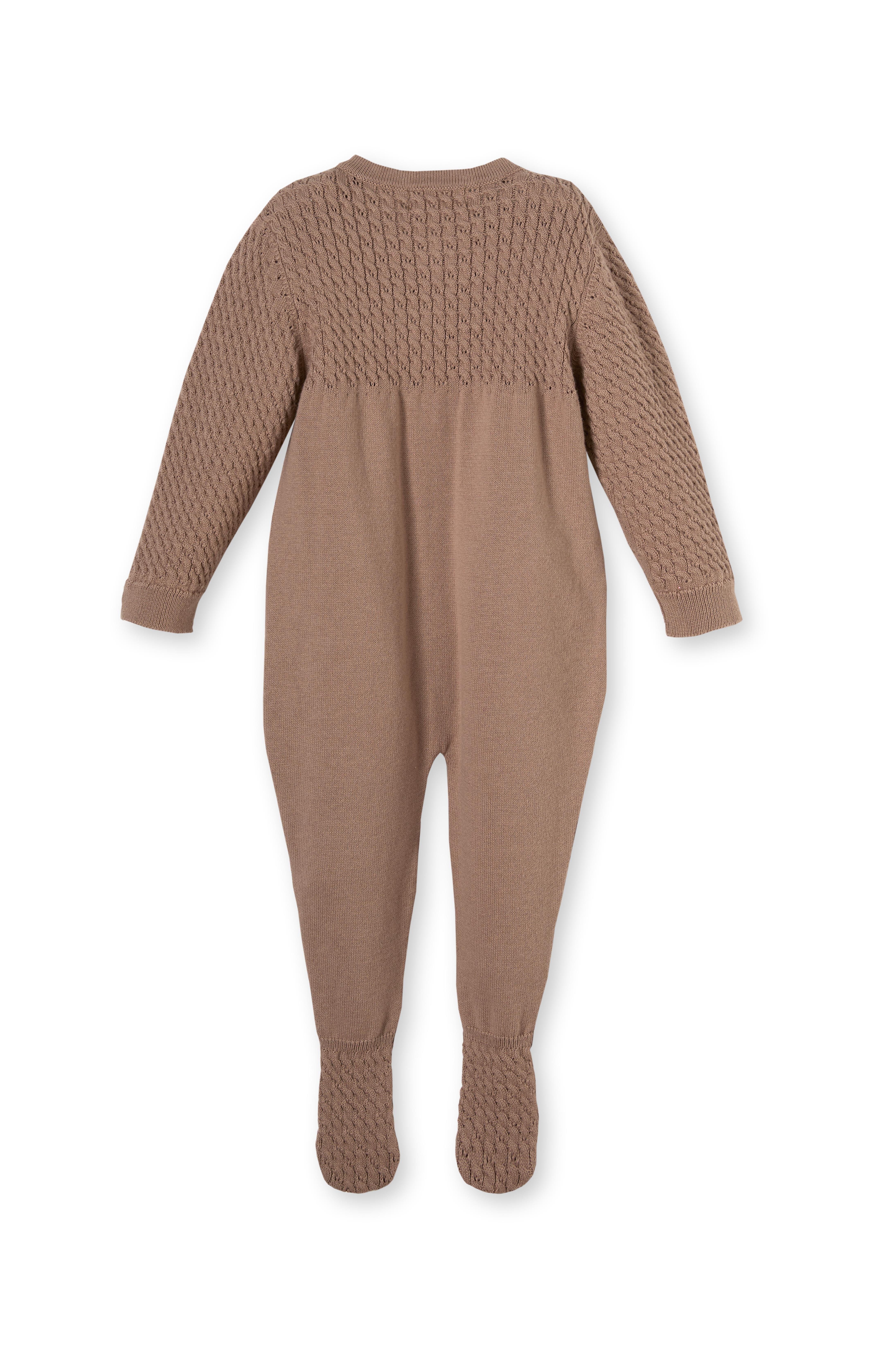 Kahverengi Saç Örgü Düğmeli Organik Pamuk Triko Unisex Yenidoğan Bebek Tulum Takımı