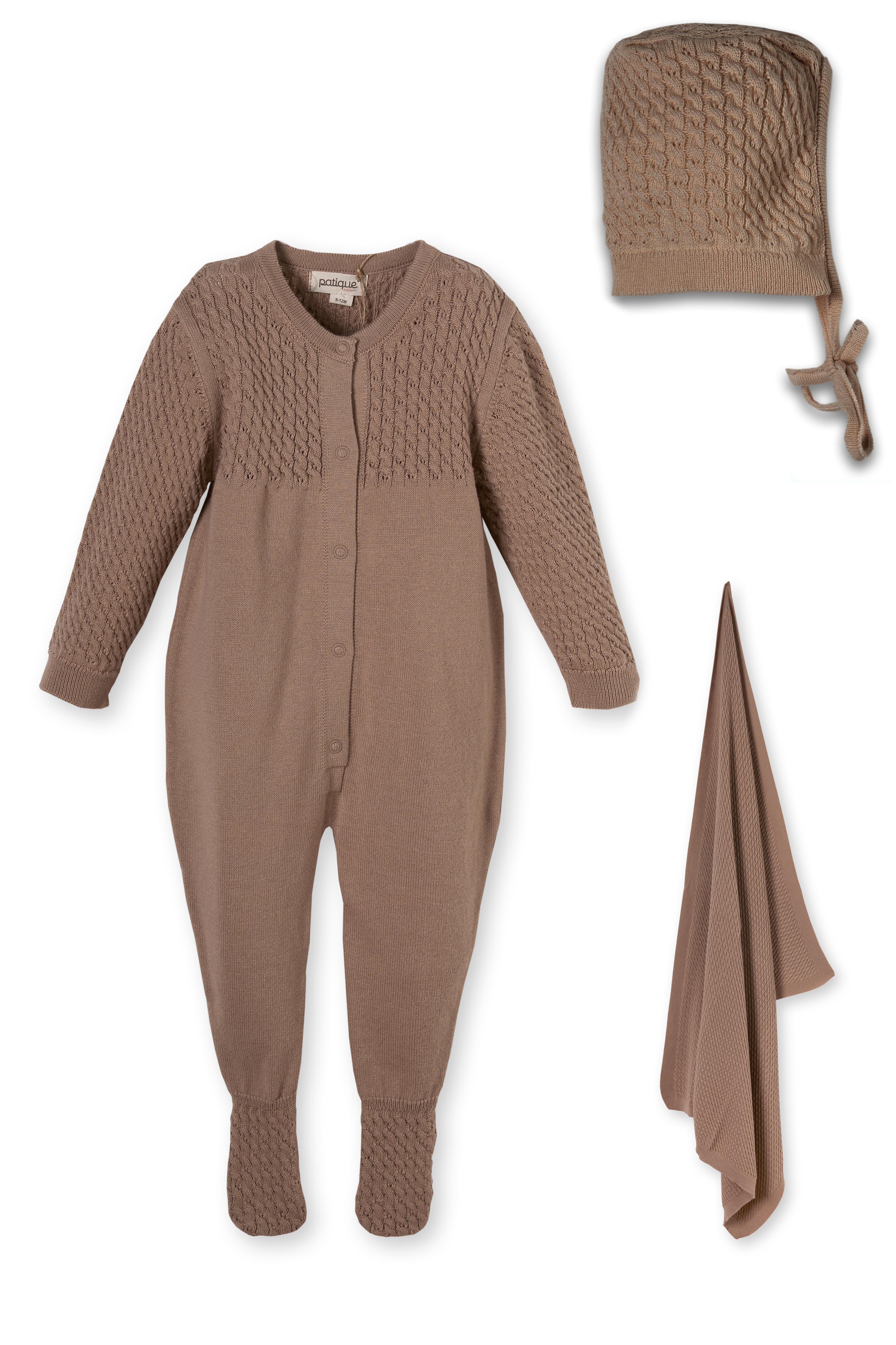 Kahverengi Saç Örgü Düğmeli Organik Pamuk Triko Unisex Yenidoğan Bebek Tulum Takımı