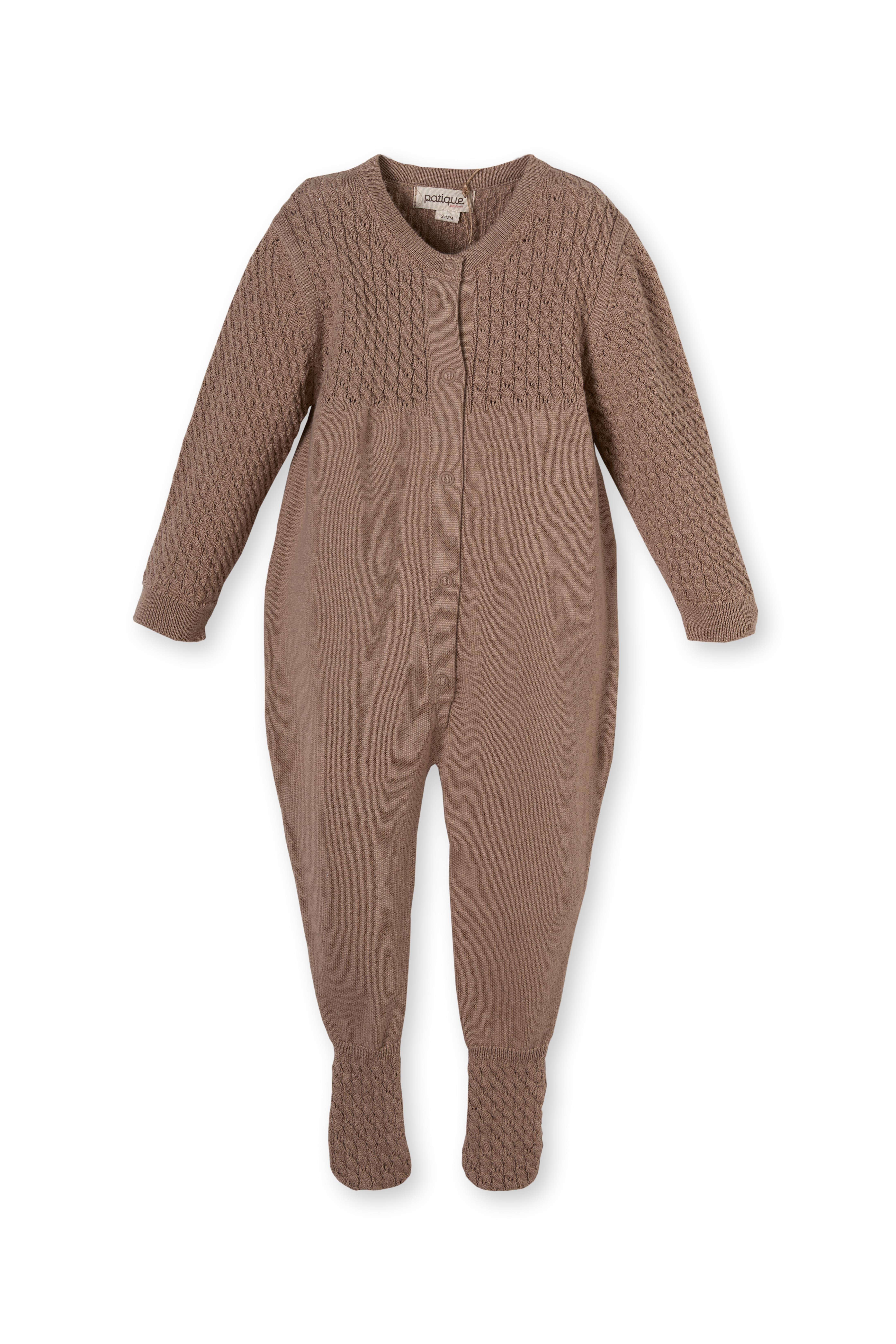 Kahverengi Saç Örgü Düğmeli Organik Pamuk Triko Unisex Yenidoğan Bebek Tulum Takımı