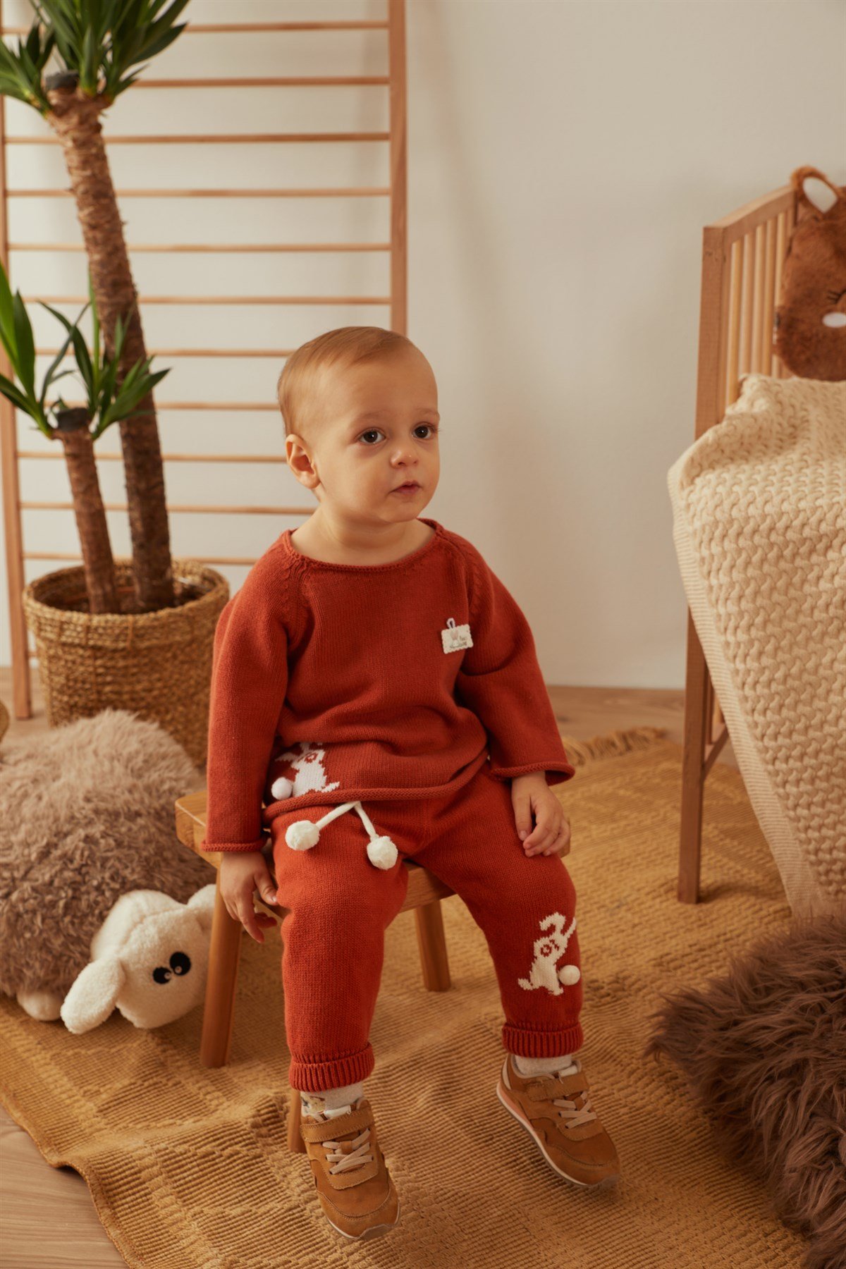Kiremit Organik Pamuk Tavşan Detaylı Ponponlu Triko Unisex İkili Takım