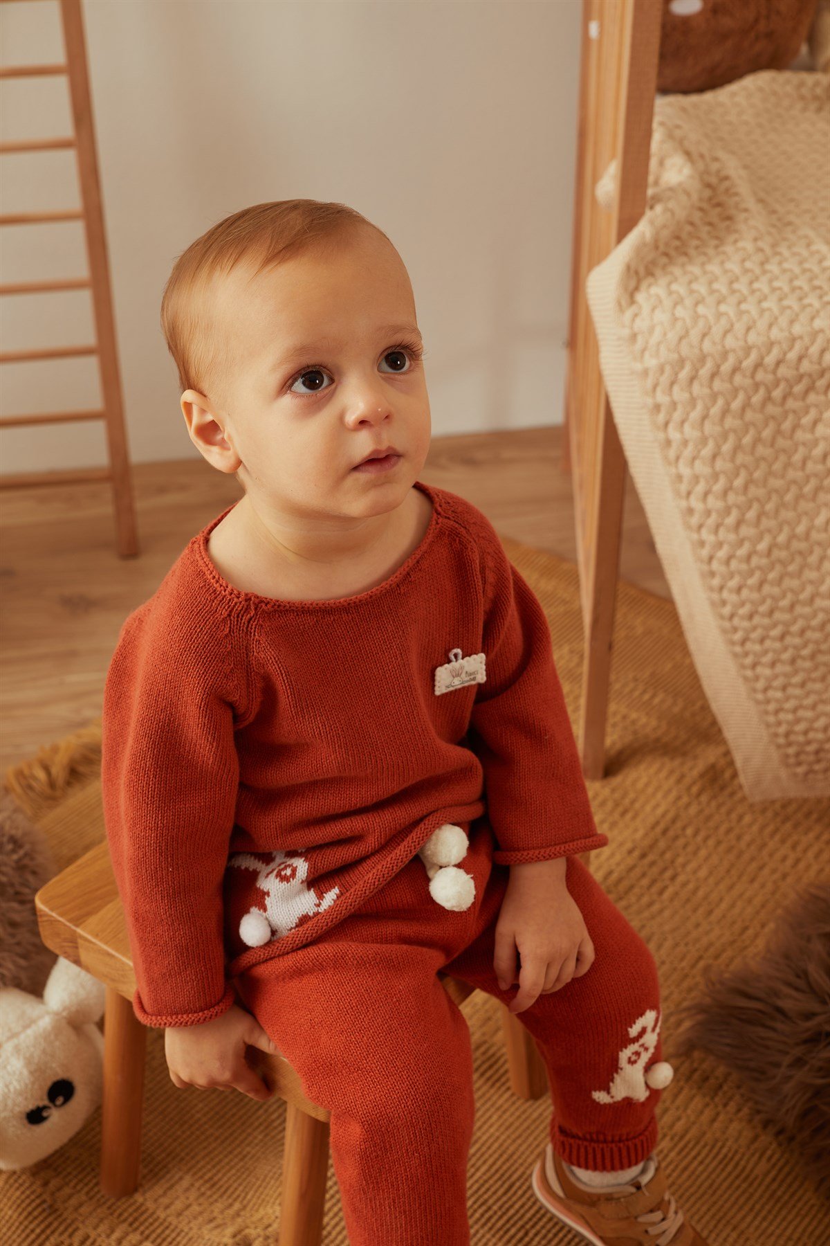 Kiremit Organik Pamuk Tavşan Detaylı Ponponlu Triko Unisex İkili Takım