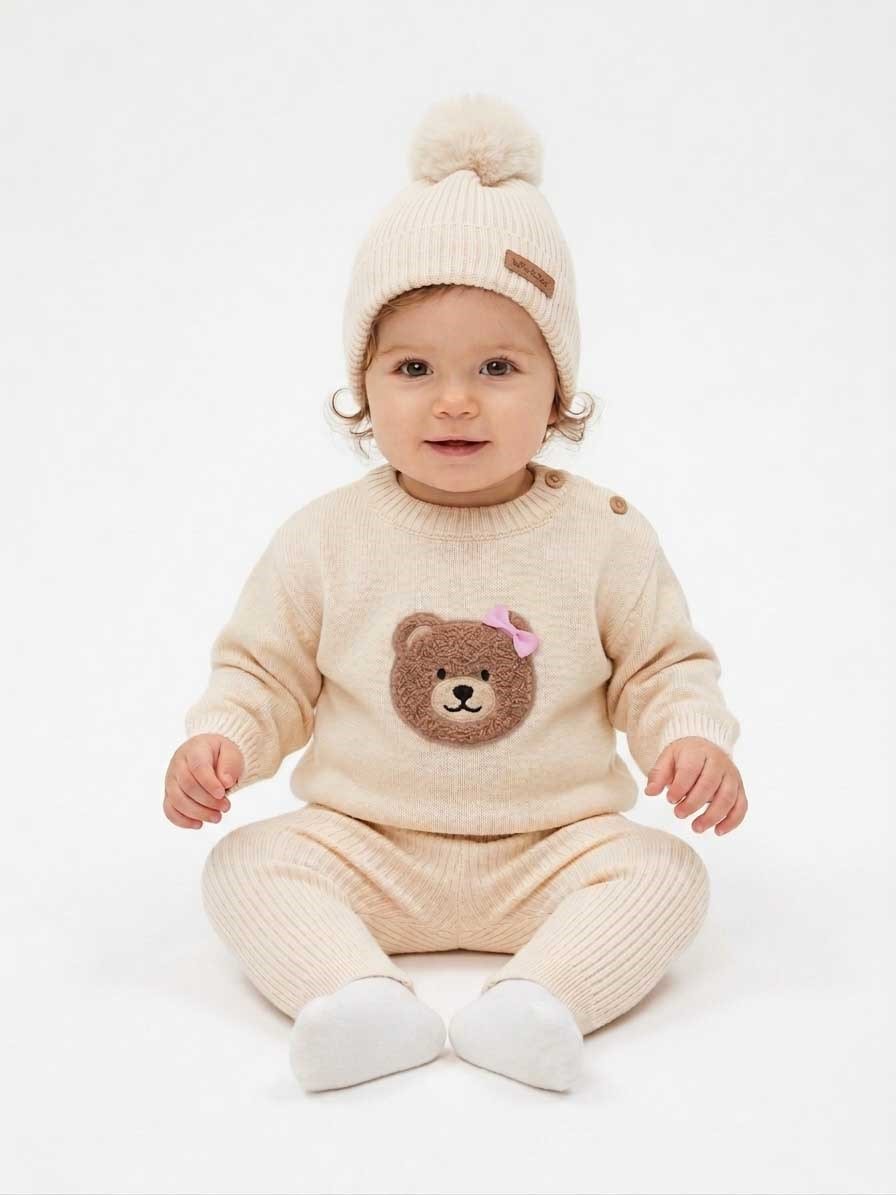 Kız Bebek Ekru Organik Pamuk Triko Üçlü Takım
