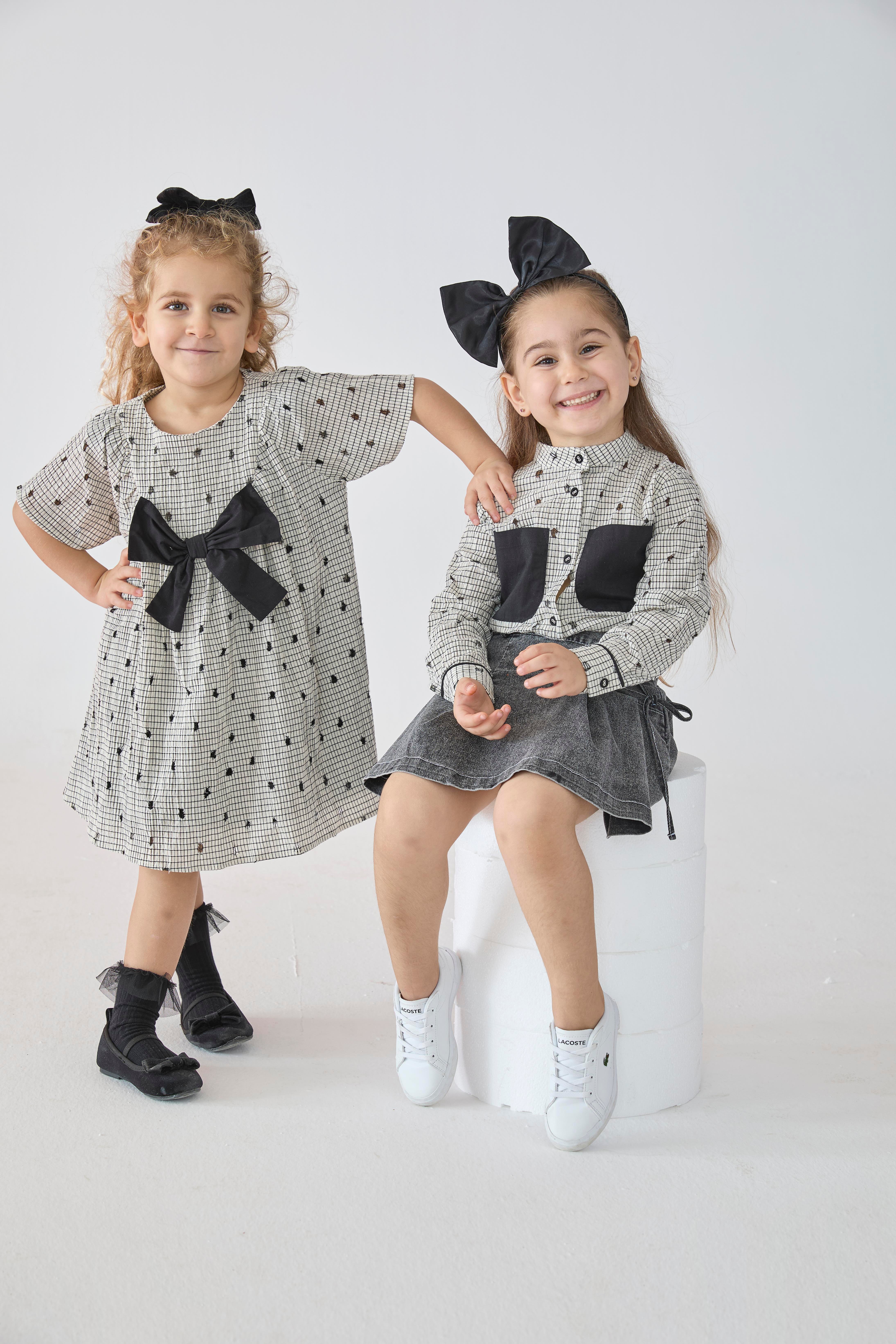 Krem Renk Ekoseli Siyah Cepli Pamuklu Kız Çocuk Gömlek