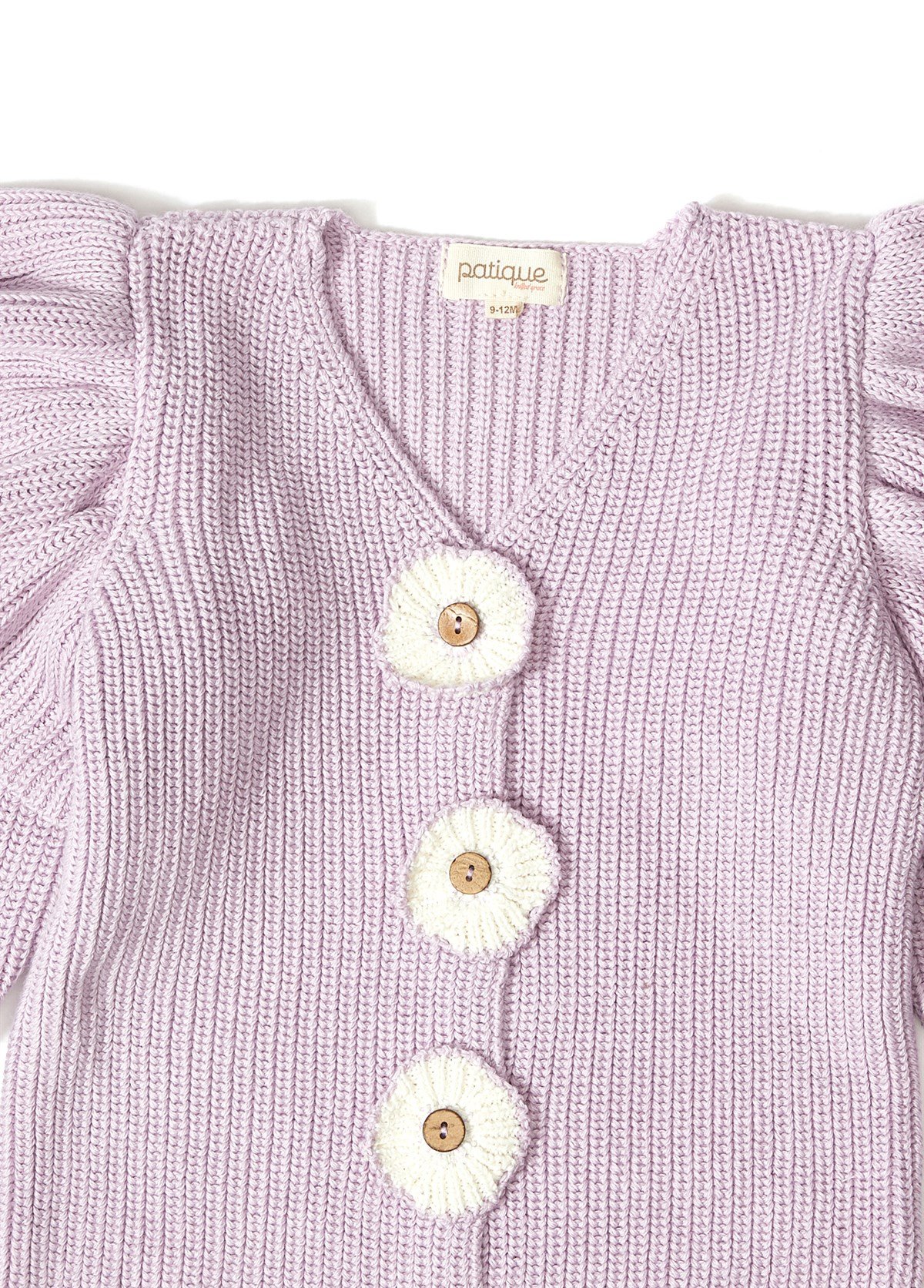 Lila Çiçek Düğmeli Organik Pamuk Triko Kız Bebek Hırka