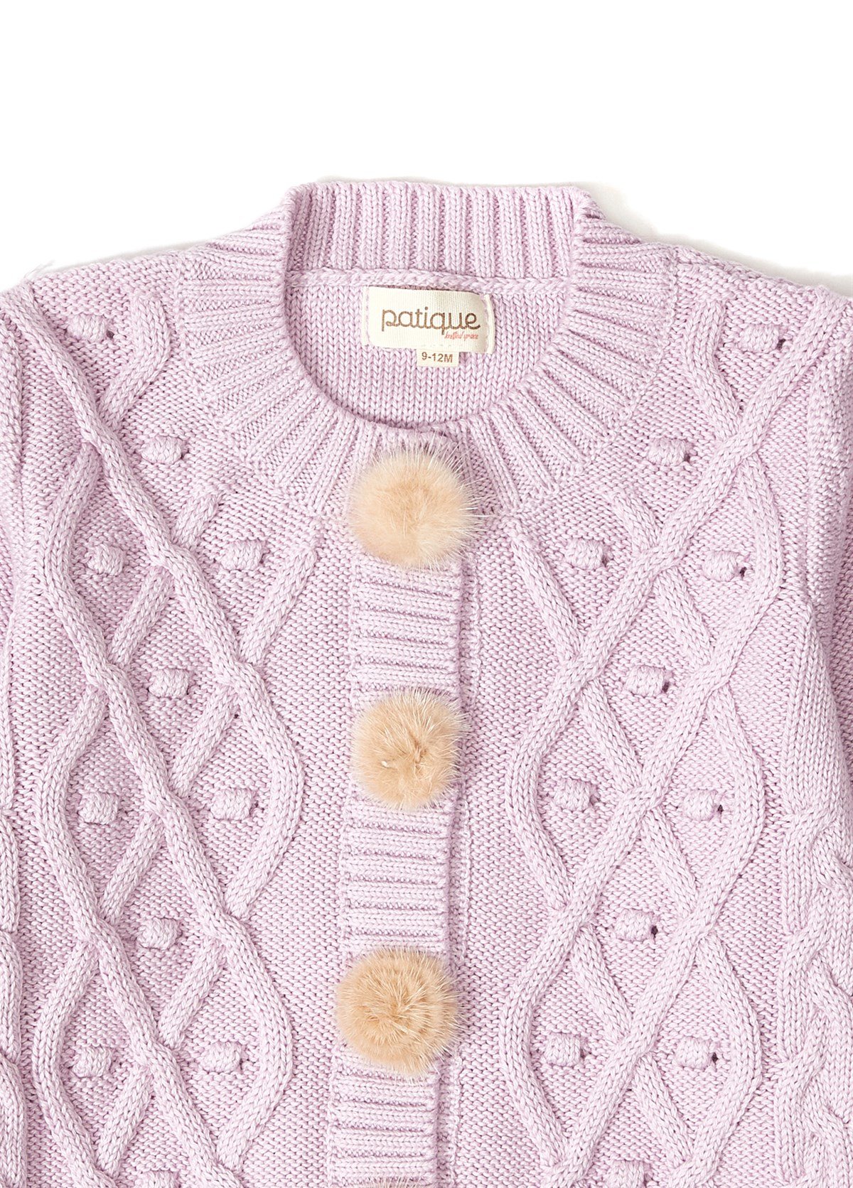 Lila Ponpon Düğmeli Organik Pamuklu Kız Bebek Triko Hırka