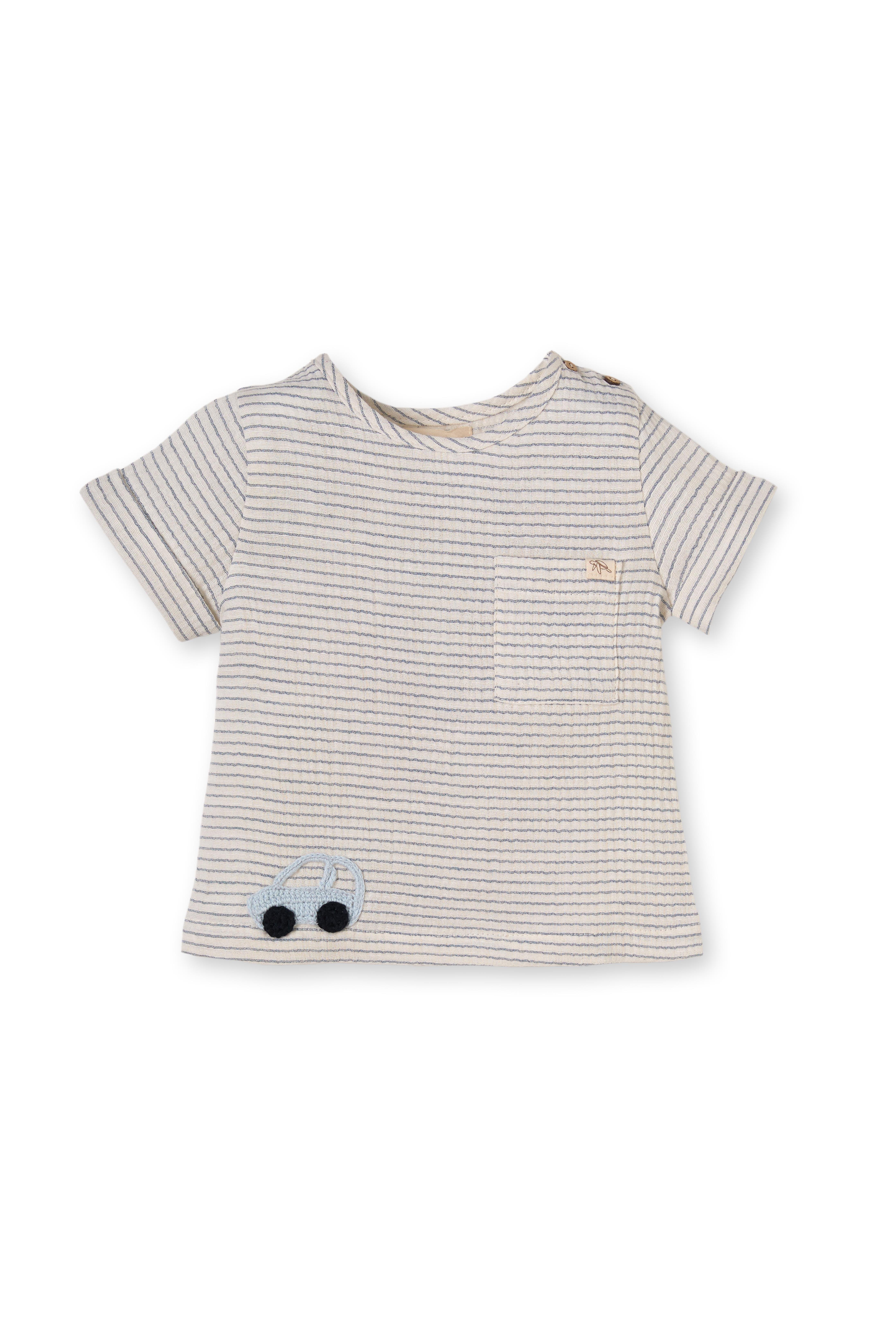 Mavi Organik Pamuklu Müslin Kumaşlı Çizgili 2'li Erkek Çocuk Takım