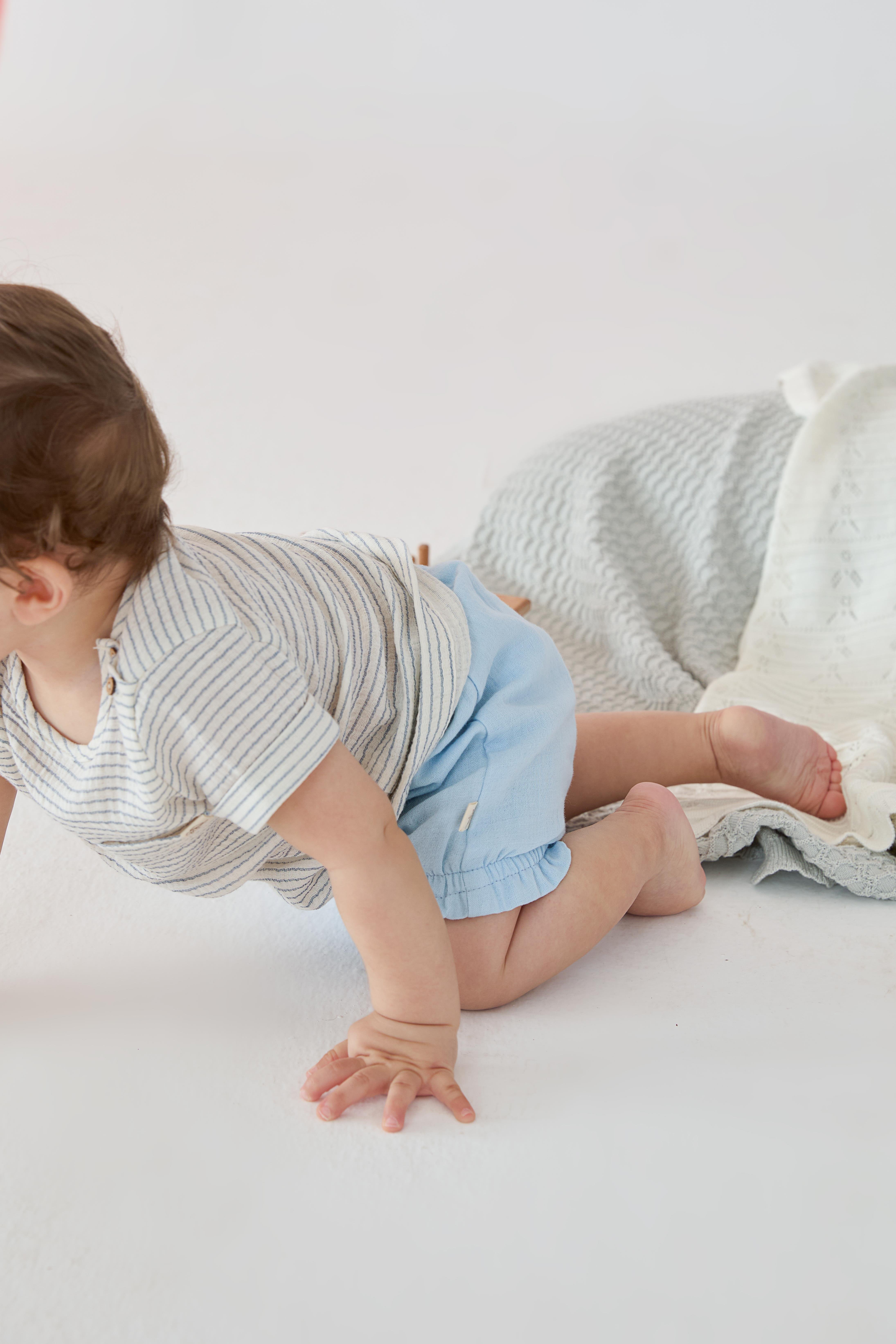 Mavi Organik Pamuklu Müslin Kumaşlı Çizgili 2'li Erkek Çocuk Takım