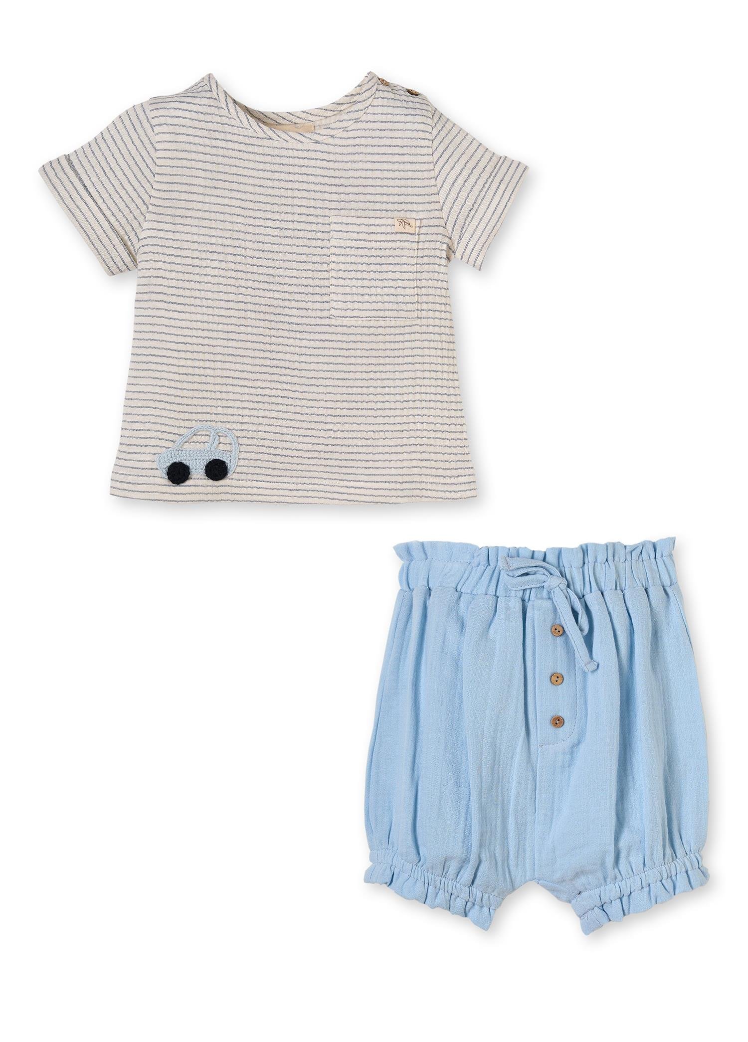 Mavi Organik Pamuklu Müslin Kumaşlı Çizgili 2'li Erkek Çocuk Takım