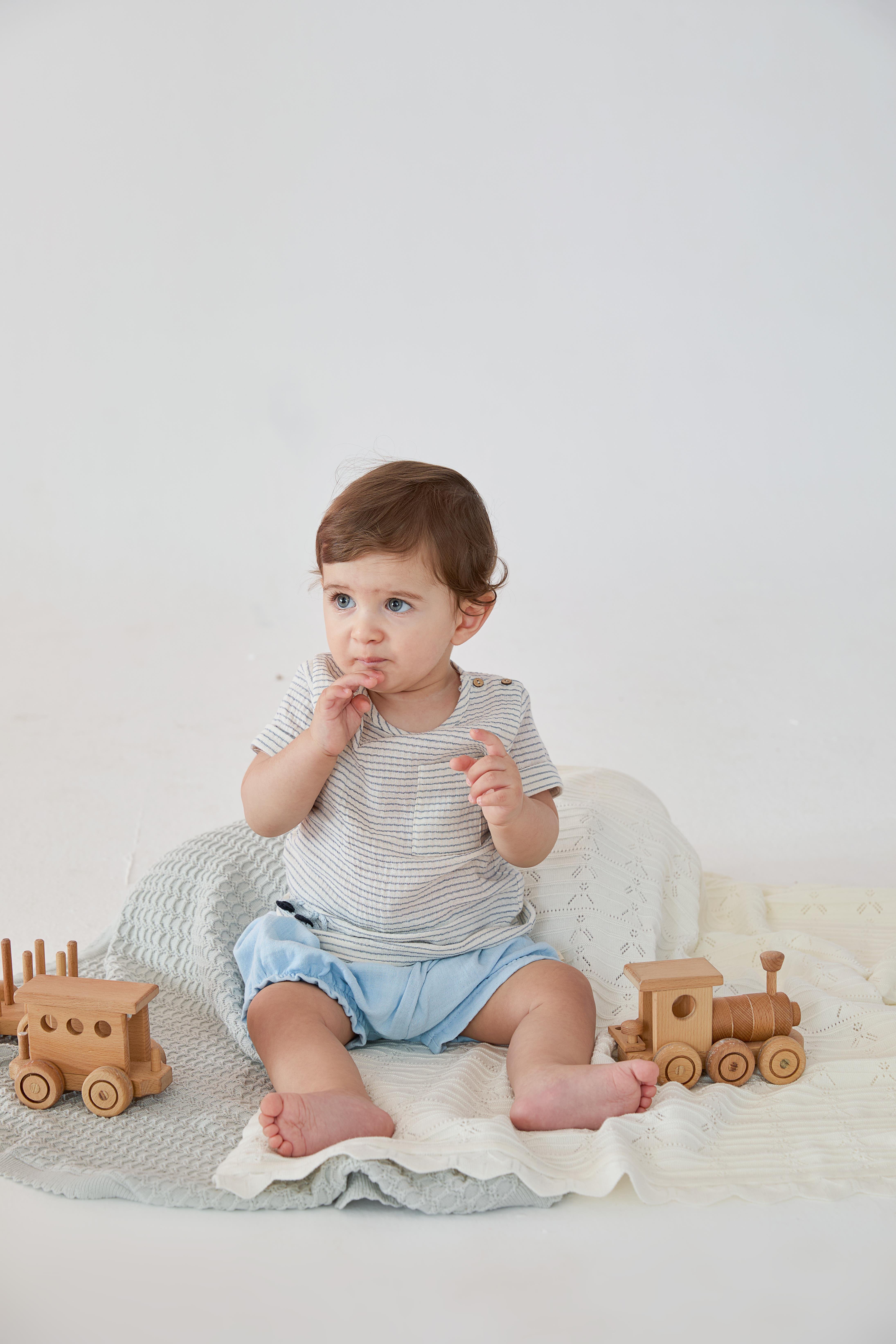 Mavi Organik Pamuklu Müslin Kumaşlı Çizgili 2'li Erkek Çocuk Takım