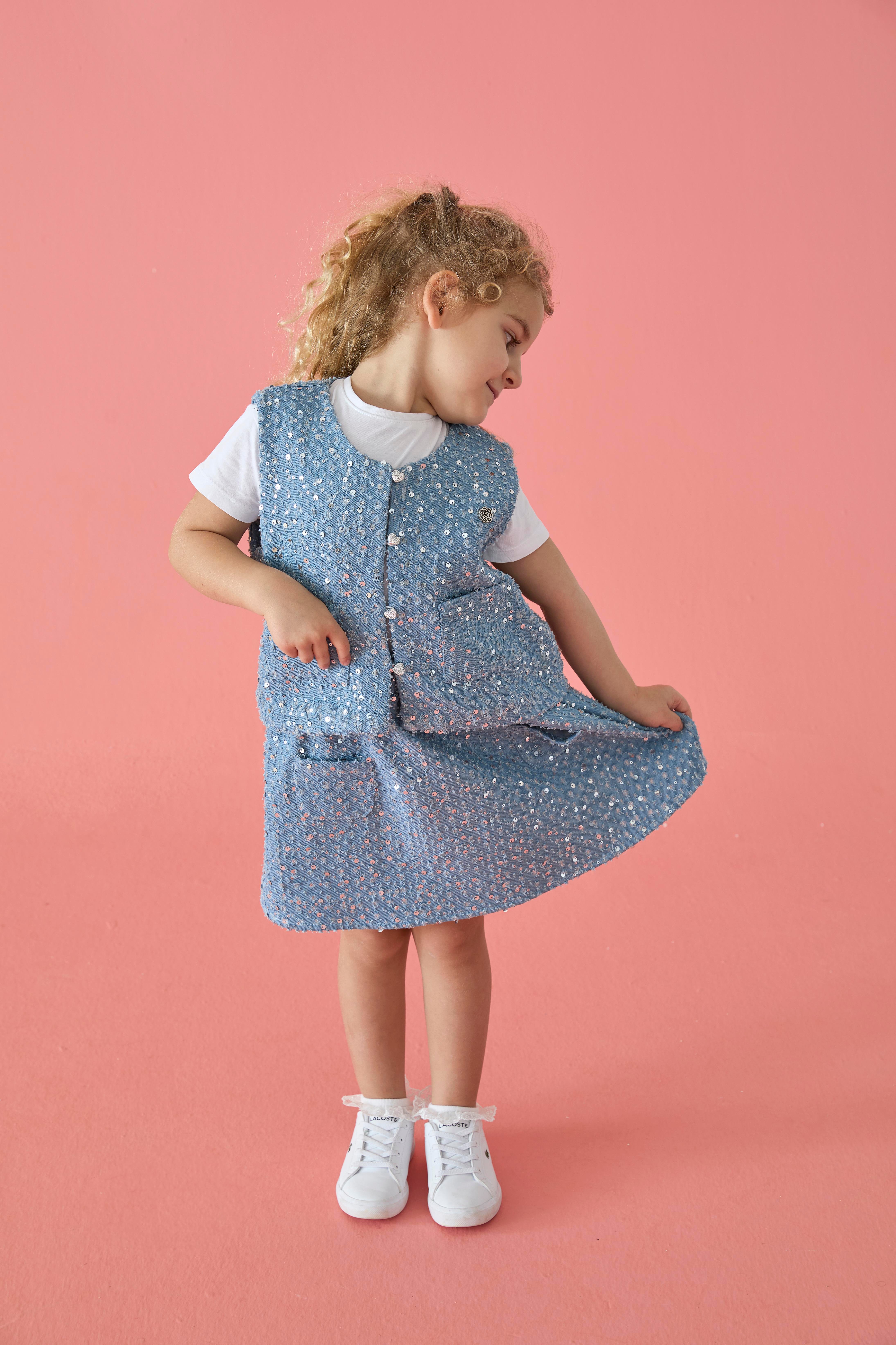 Mavi Payetli Denim Pamuklu Kız Çocuk Etek