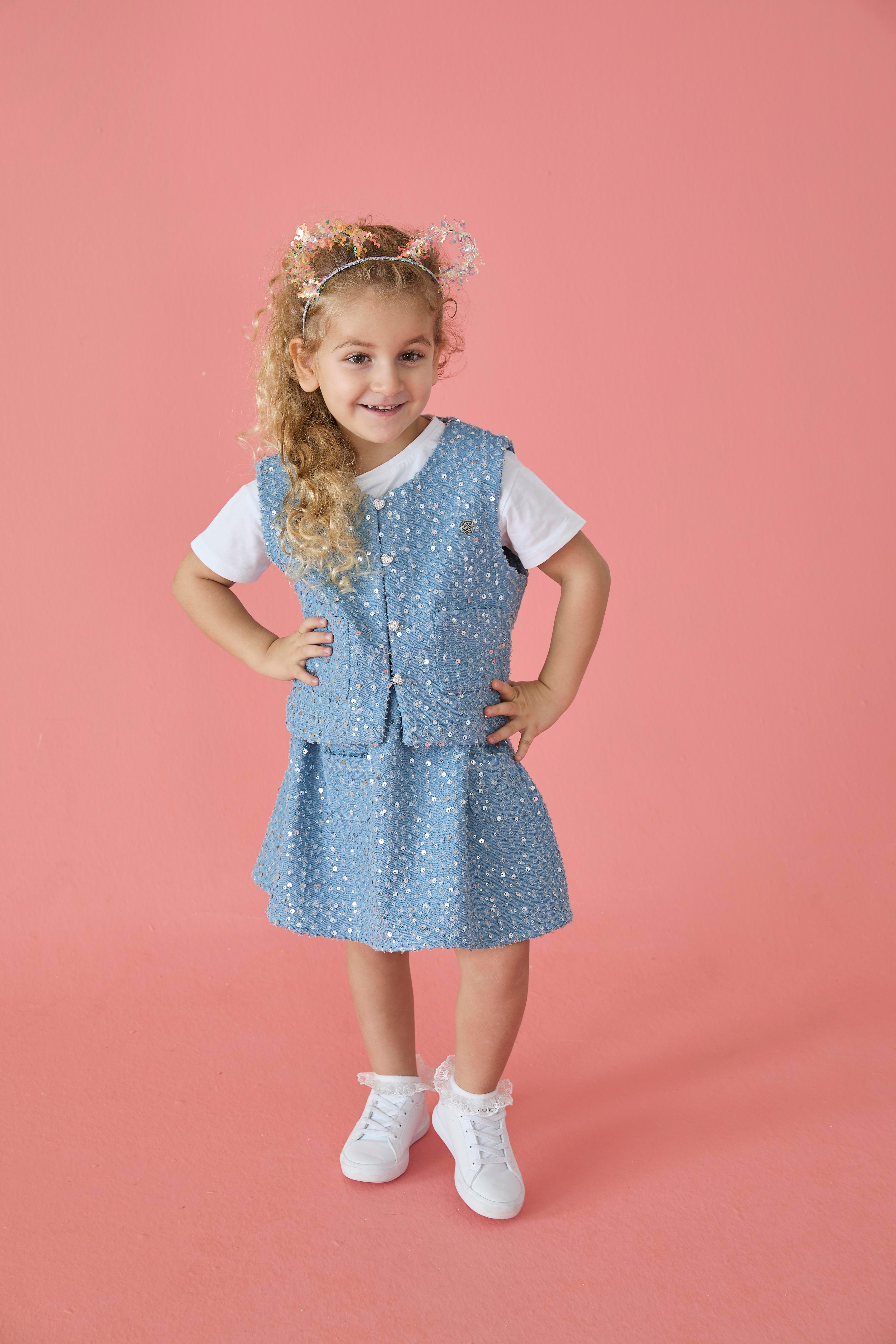 Mavi Payetli Denim Pamuklu Kız Çocuk Etek