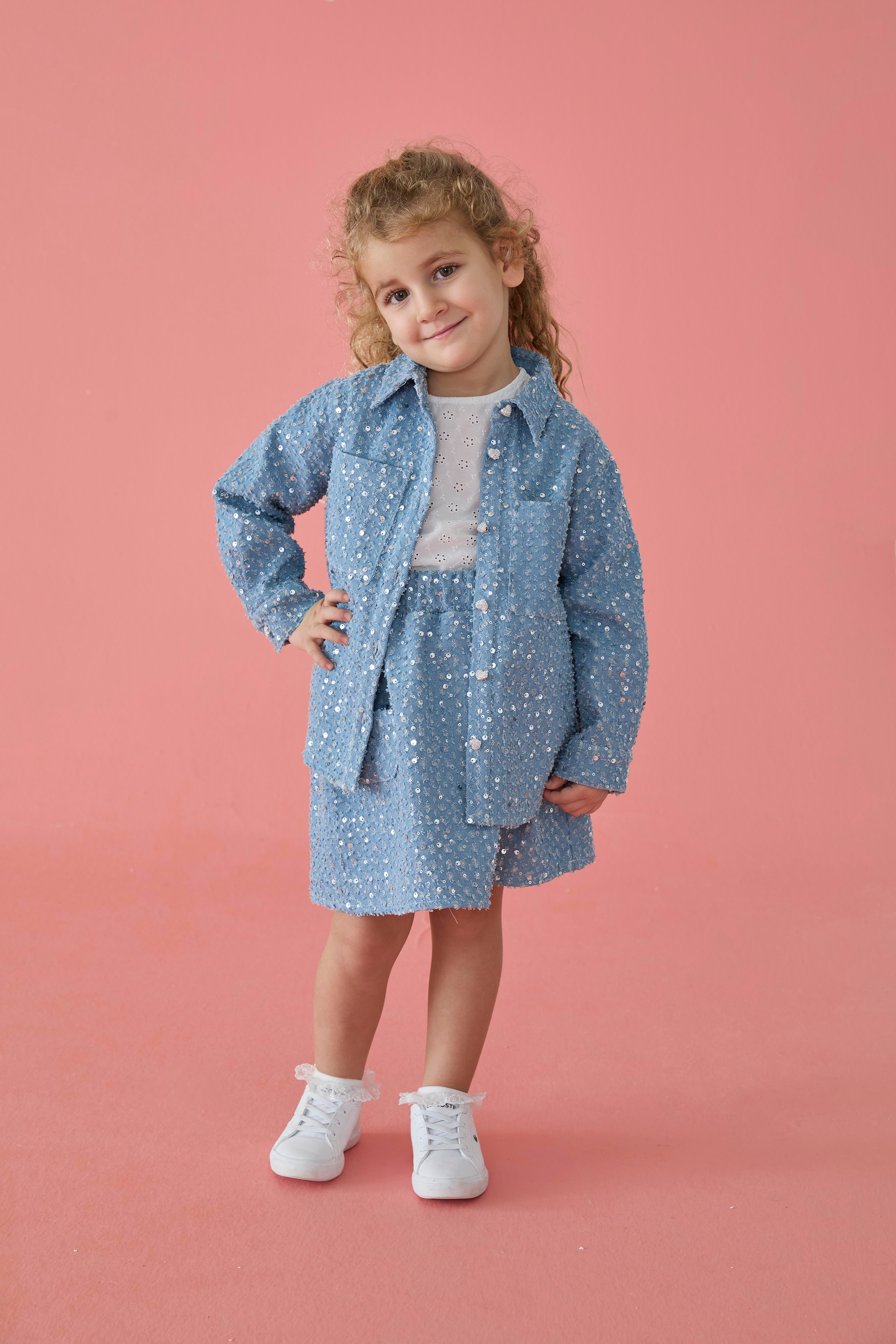 Mavi Payetli Denim Pamuklu Kız Çocuk Gömlek