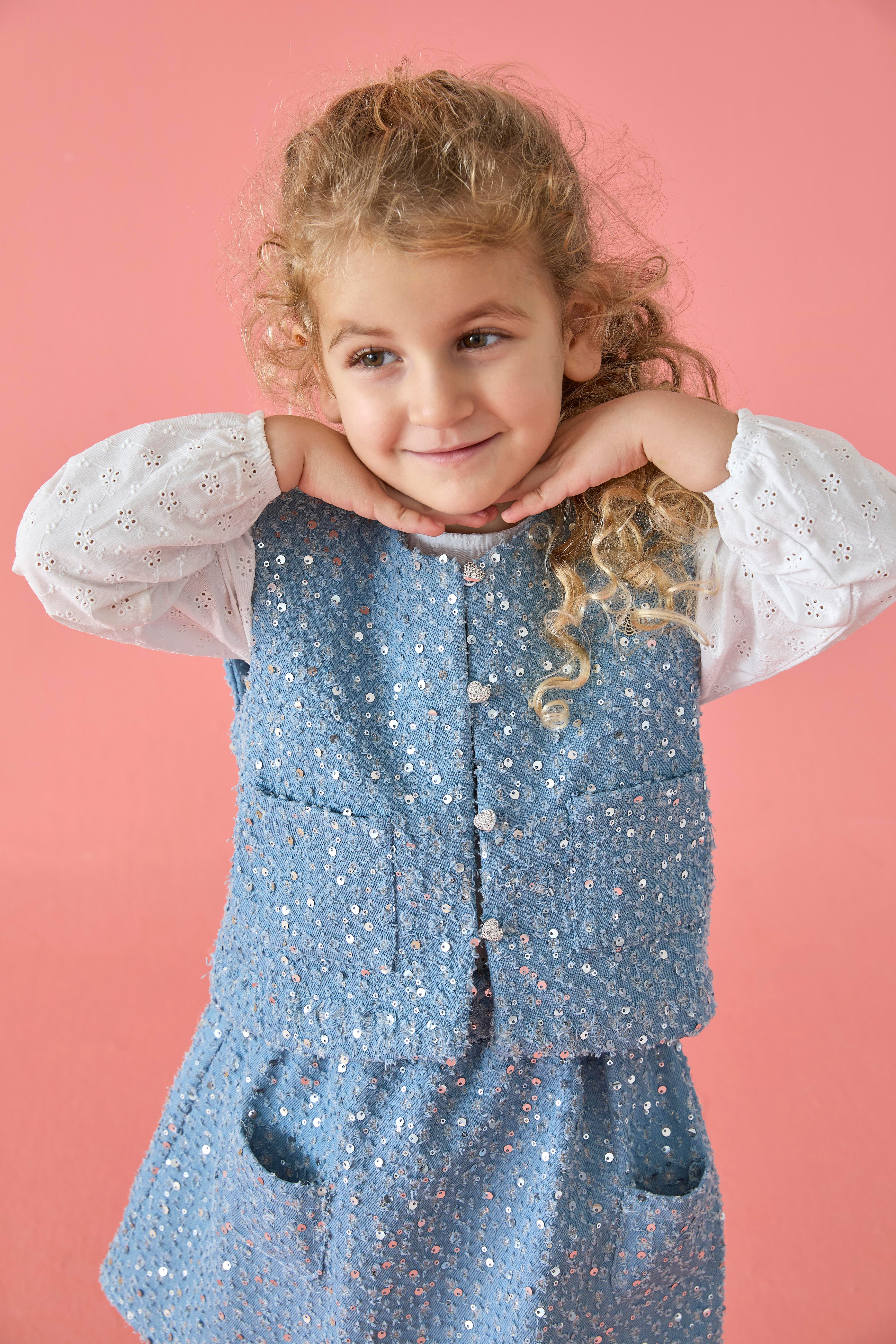 Mavi Payetli Denim Pamuklu Kız Çocuk Yelek