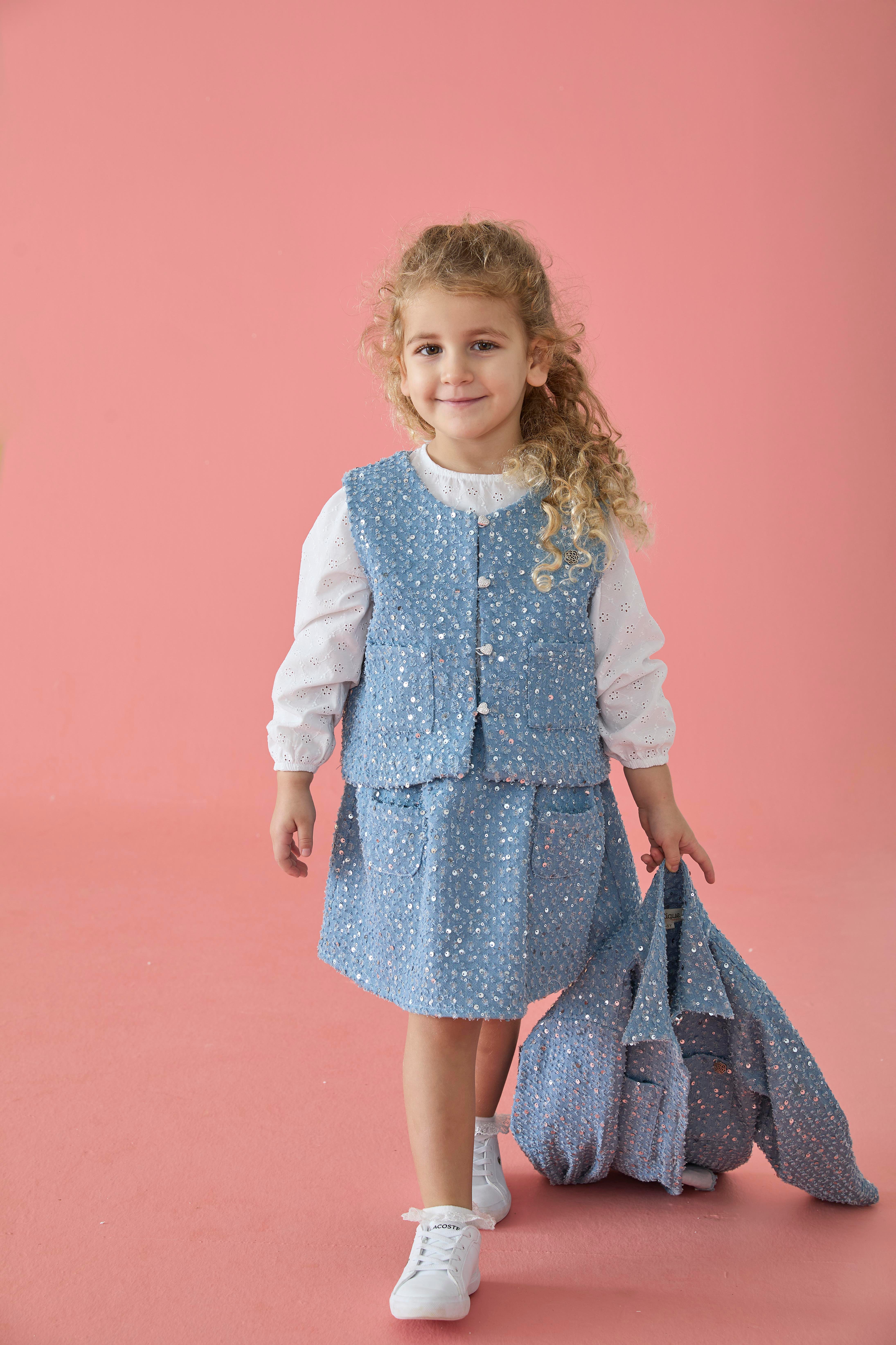 Mavi Payetli Denim Pamuklu Kız Çocuk Yelek