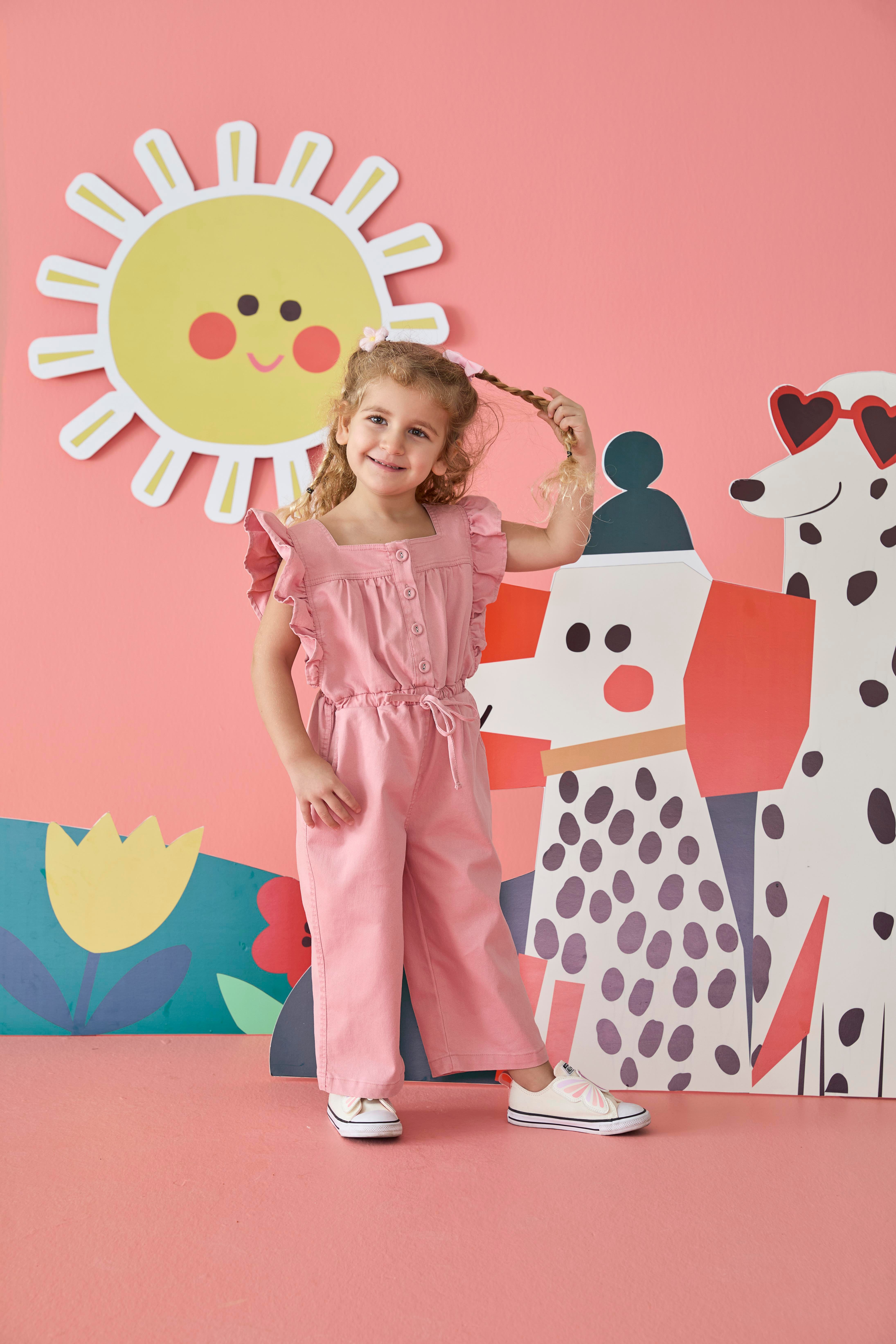 Pembe Denim Fırfırlı Pamuklu Kız Çocuk Tulum