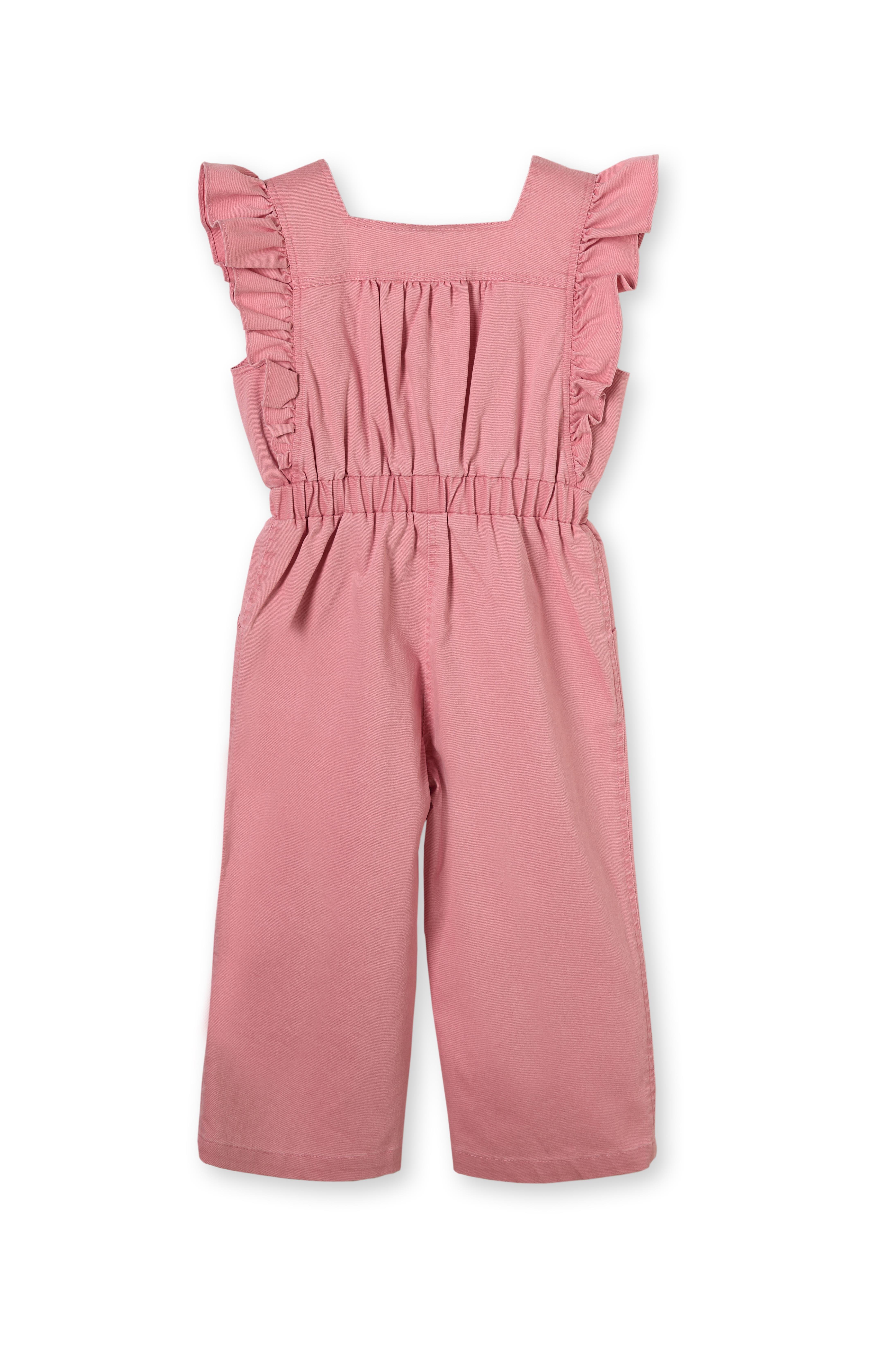 Pembe Denim Fırfırlı Pamuklu Kız Çocuk Tulum